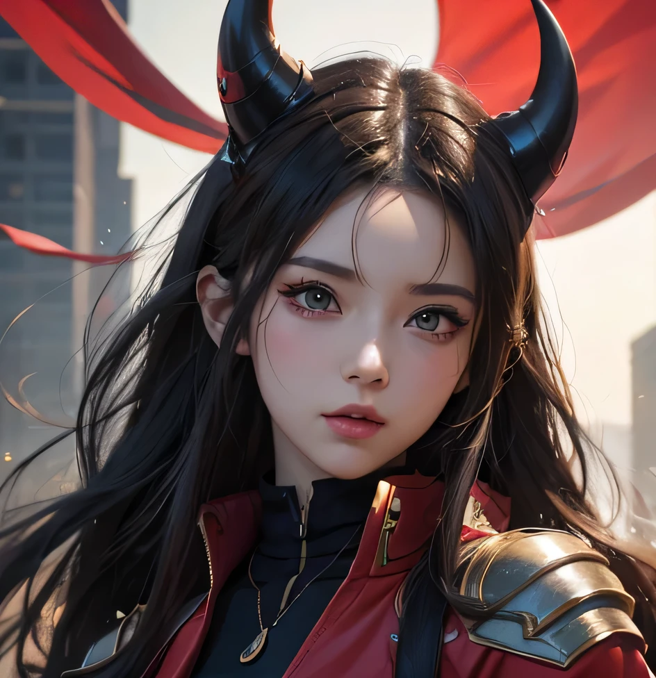 anime girl with horns and red jacket, very detailed artgerm, artgerm. detail tinggi, detail artgerm, model iG | artgerm, detailed digital anime art, Realistic anime artstyle, potret artgerm, rin tohsaka, artgerm style, artgerm. anime illustration, artgerm by Artstation pixiv, cool pose, fuul body