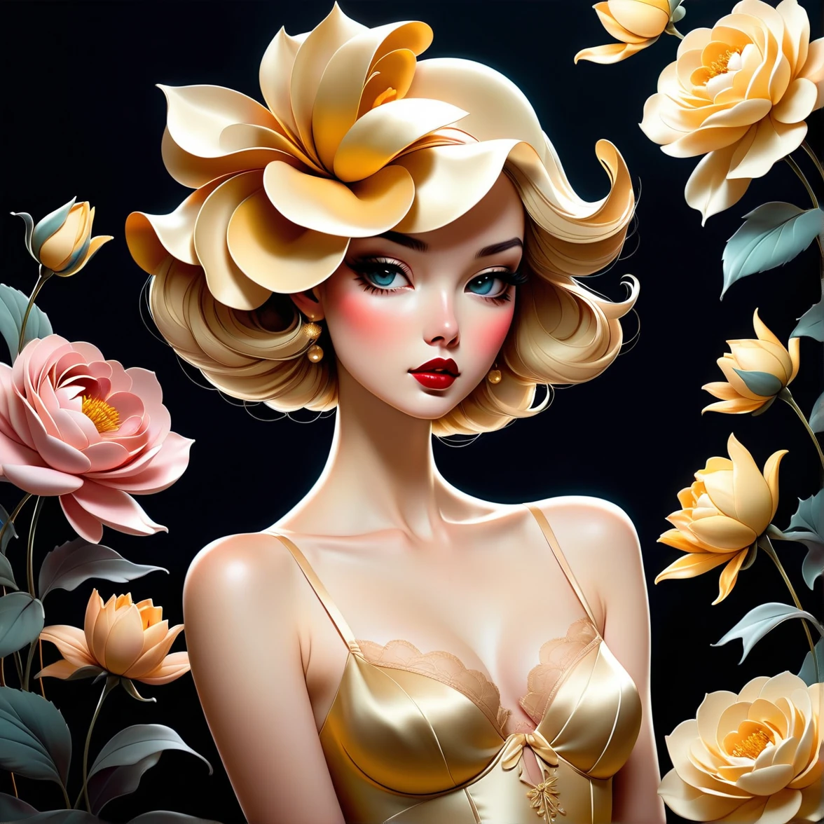 chiaroscuro technique in the illustration of an elegant , retro and vintage ,silky flower around the body, mattepainting, by Hannah Dale, by Harumi Hironaka, extremely soft colors, Vibrant, cake, highy detailed, digitl art, hight contrast, dramatic, refined, tonal, golden ratio, (comely , lingerie, Stockings, mitts, seducer)