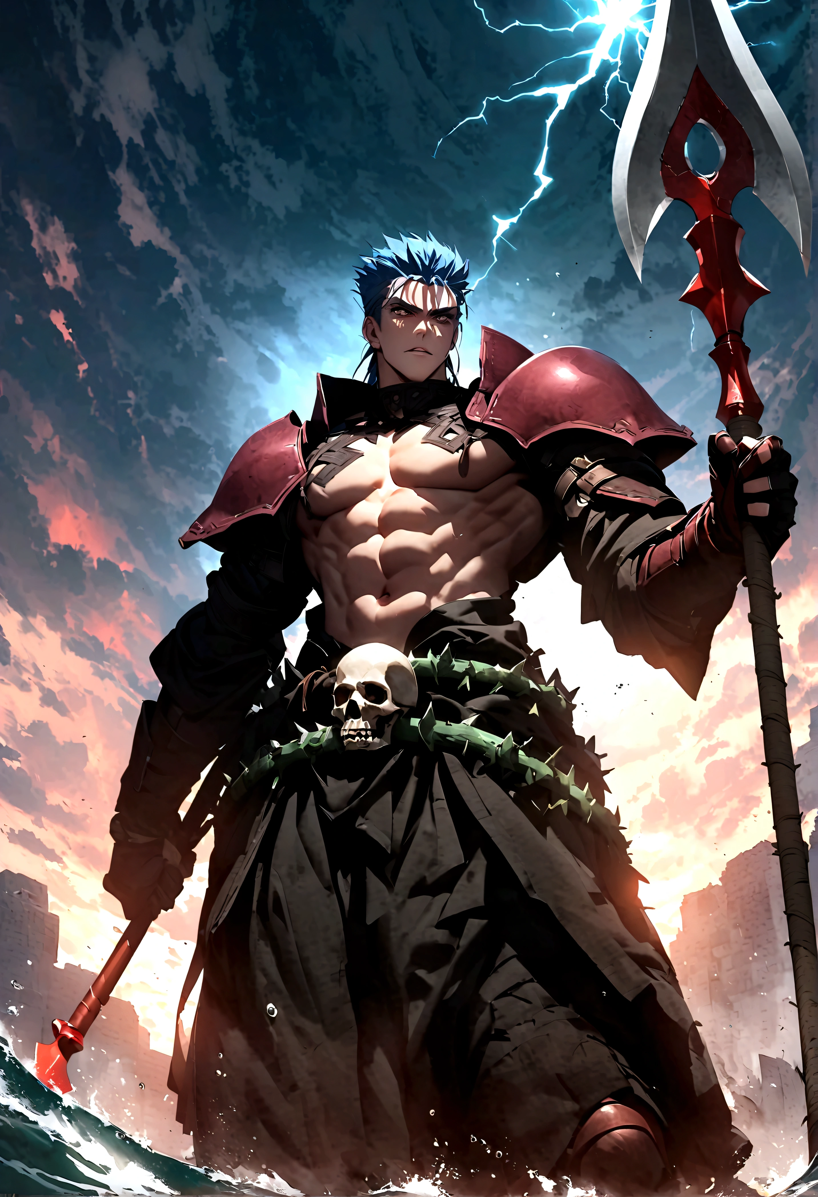 Masterpiece、top-quality、detaileds、Celtic tribes、cuchulainn、A spear that appears in Celtic folklore。 The owner is Cú Chulainn, a descendant of the light god Lugh and the greatest hero of Celtic folklore.。 With a spear given to him by his martial arts master, the witch Scathach.、It has a unique saw-shaped tip with lightning-like notches.。 Its size is also quite large.、It's about the same height as Furin when he became a berserker and his body swelled up.、It is said that it took five servants to carry it.。 This tip is made from the bones of a monster fish.、When you throw(There is also a theory that it is launched with the feet.)Becomes 30 arrowheads and rains down on the opponent.、When stabbed, it turns into a brutal strategic weapon that explodes as 30 thorns inside the opponent's body.。Depending on the legend, a curse may be given that nullifies healing.、It has terrifying effects such as defense penetration.。 Perhaps because of his origins, he has strong water attributes.、Good at fighting in shallow water and underwater。Depending on the document, it may be stated that the device cannot be used unless it is submerged in water up to the waist.。 Although it is generally considered to be the name of a spear,、Depending on the translator, it is not the spear itself.、It is sometimes interpreted as a throwing technique using a spear.。The name is「bag of spears」means、Probably a bag、「stomach」It seems to refer to organs like。 Ferdia, who knew about this spear, said:、This spear attack"attack from below"and、I keep my shield down to be wary of the spear coming down.。 Creed and Coinhen Sea monsters that appear in Celtic mythology(Strange fish)で、They killed each other in the Red Sea.、One of these, Creed's skull, washed up in Ireland.、It is said that he was processed by a warrior named Borg MacBain and became Gae Bolg.。