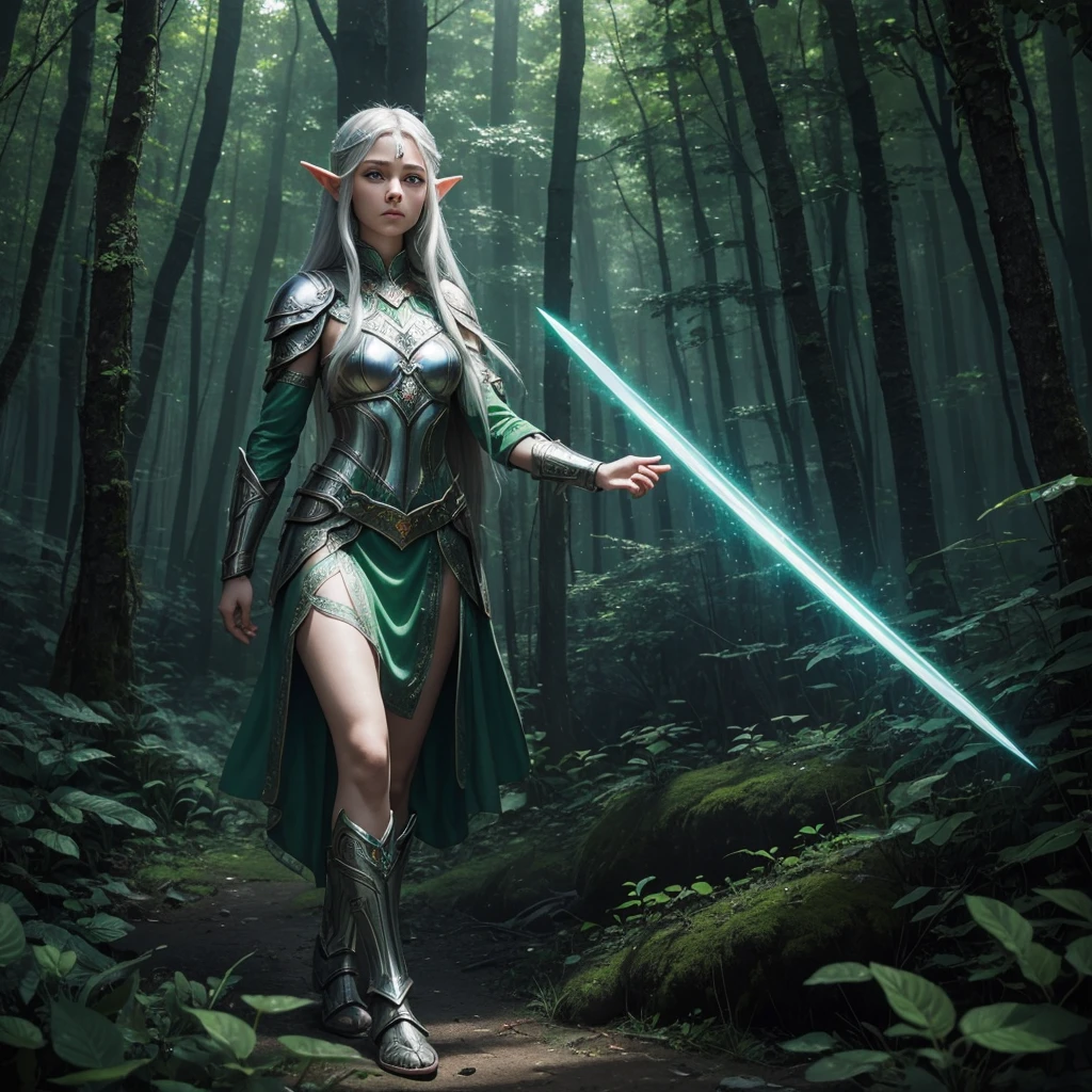 A young, adventurous female elf warrior standing in a mystical forest ...