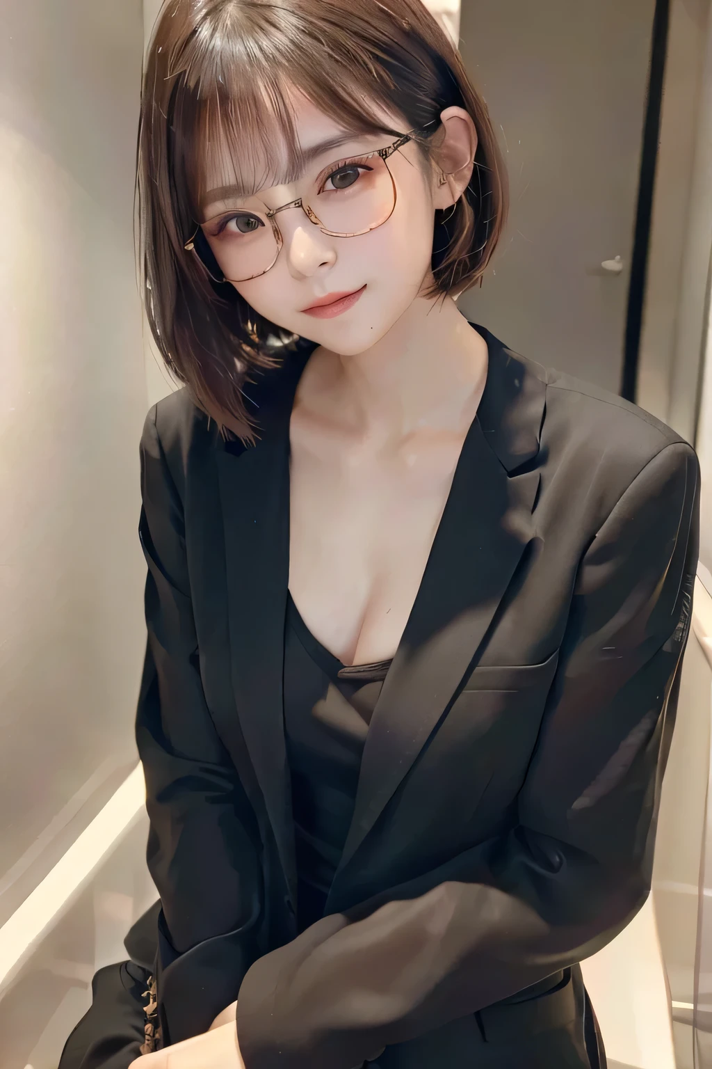 masterpiece, (top quality), super high resolution, beautiful, visually stunning, elegant, stunning detail, award-winning art, G0S1, mysterious, woman wearing glasses, brown hair, suit, short cut, cute, beautiful woman, 25 years old