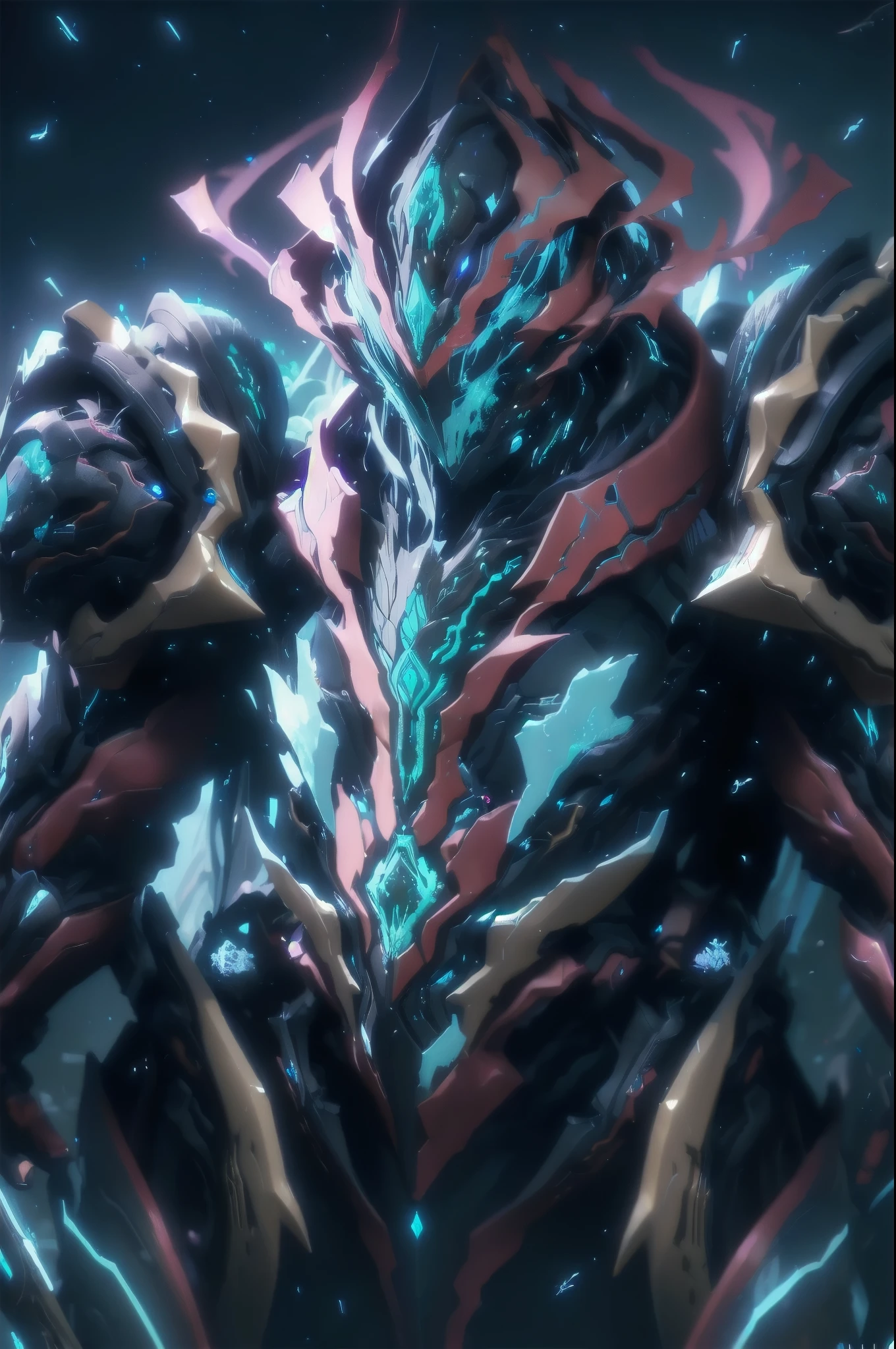 (best quality, masterpiece:1.4), Warframe, Mech, Knight, Armor, dark nightmarish theme, eerie black and blue coloration, ethereal blue flames, cowboy shot, facing viewer, vivid, gacha splash artwork