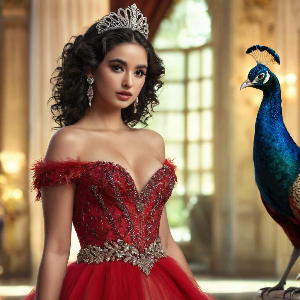 PROMPT: photorealistic,realistic,photography,masterpiece,best quality,ultra-detailed,extremely detailed, 8k wallpaper,1girl,looking at viewer,full body,off shoulder very low cut dress large ,tiara,makeup,breasts,black hair,curly hair,lips,dress,jewelry,earrings,bird,peacock strapless dress, feathers red dress, abstract,peacock background,