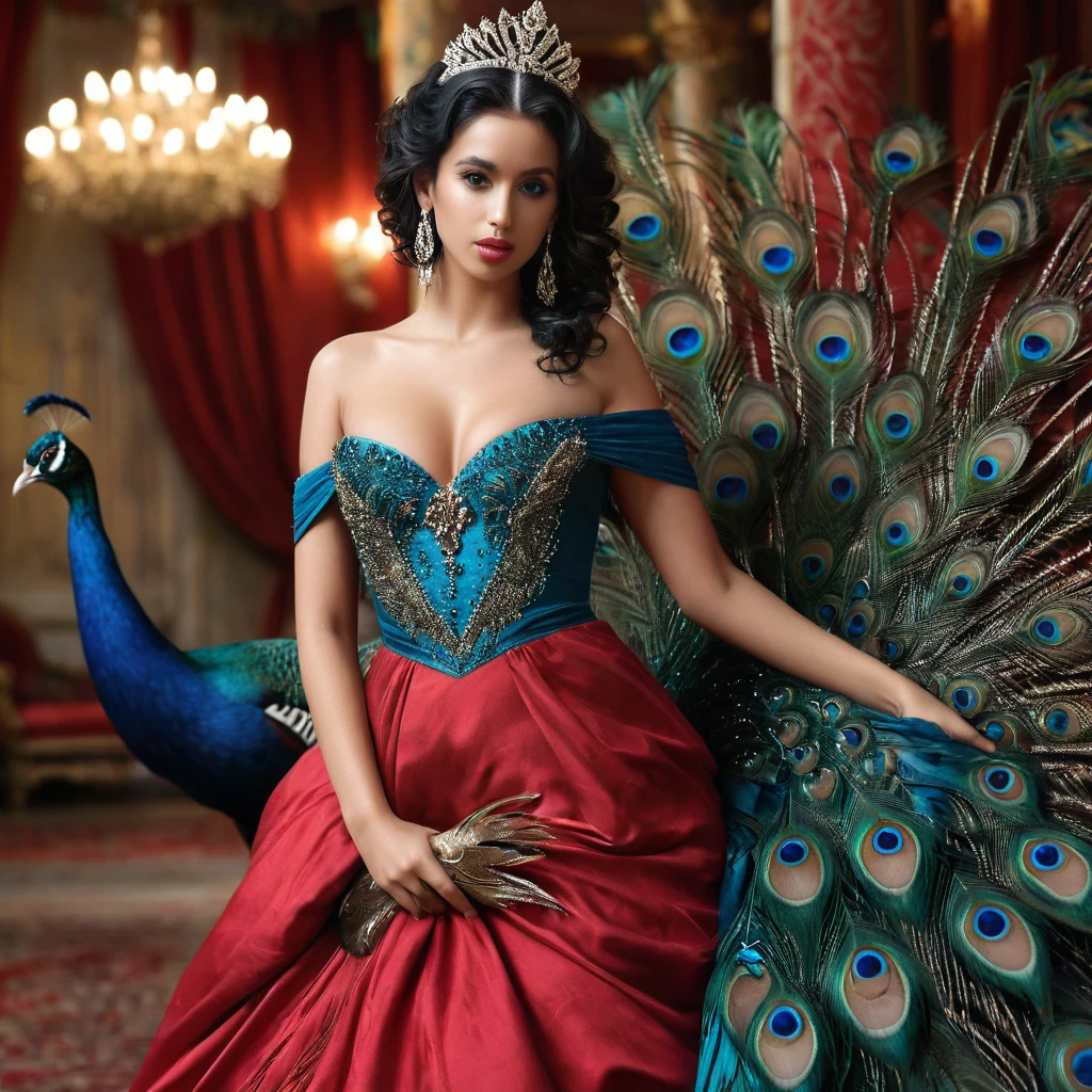 PROMPT: photorealistic,realistic,photography,masterpiece,best quality,ultra-detailed,extremely detailed, 8k wallpaper,1girl,looking at viewer,full body,off shoulder very low cut dress large ,tiara,makeup,breasts,black hair,curly hair,lips,dress,jewelry,earrings,bird,peacock strapless dress, feathers red dress, abstract,peacock background,