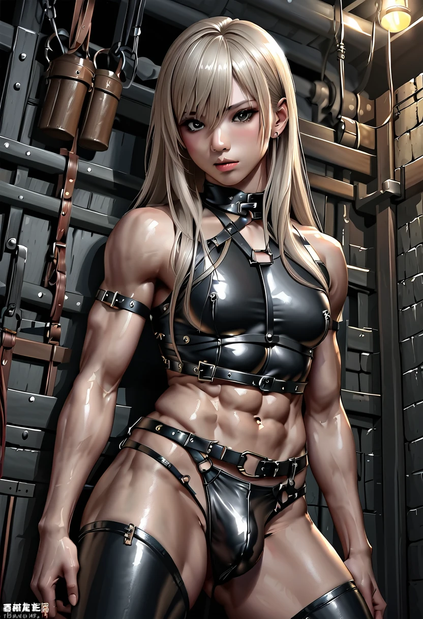 high quality, detailed, Realistic, (19 years old japanese shemale), (detailed black eyes),(long hair),(abs), (shiny skin), (leather chest),(leather bondage),leather tiny thongs, (bulge), dungeon,