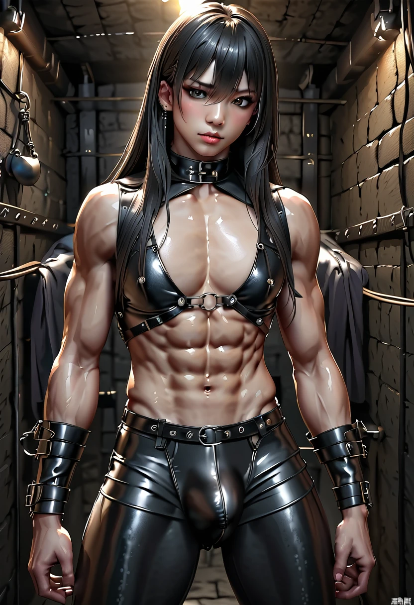 high quality, detailed, Realistic, (19 years old japanese shemale), (detailed black eyes),(long hair),(abs), (shiny skin), (leather chest),(leather bondage),leather tiny thongs, (bulge), dungeon,