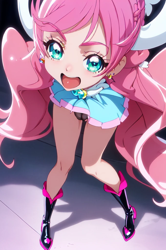 best quality, very detailed,1 woman, alone, ((cure_prism_hirogaruskyprecure)), long hair, green eyes, pink hair, forehead, black bow, 1 woman, give, looking at viewer, earring, Black latex miniskirt with frills, , black patent boots, open, mouth, cruelty looking at viewer, evil laugh, devilish grin, (shiny fabric:1.5), full body shot, purple gem, seductive pose, blush, (beautiful detailed eyes:1.6), very detailed 얼굴, perfect lighting, detailed shadows, very detailed cg, ((perfect hands, complete anatomy)),shiny material, black ribbon, black satin gloves, (((Pussy exposed))), (((exposed breasts)))