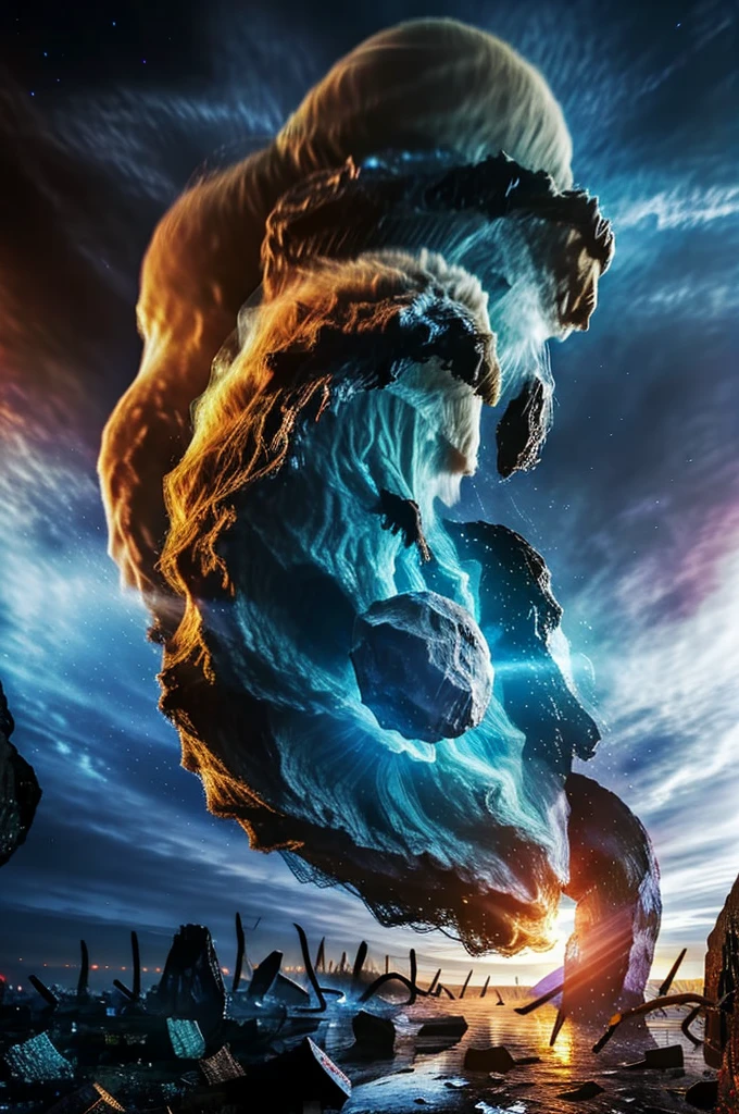 Best quality, masterpiece, Foreground: comet falling to earth, destruction, fragments, background: fog, blast wave, earthquake, destruction.