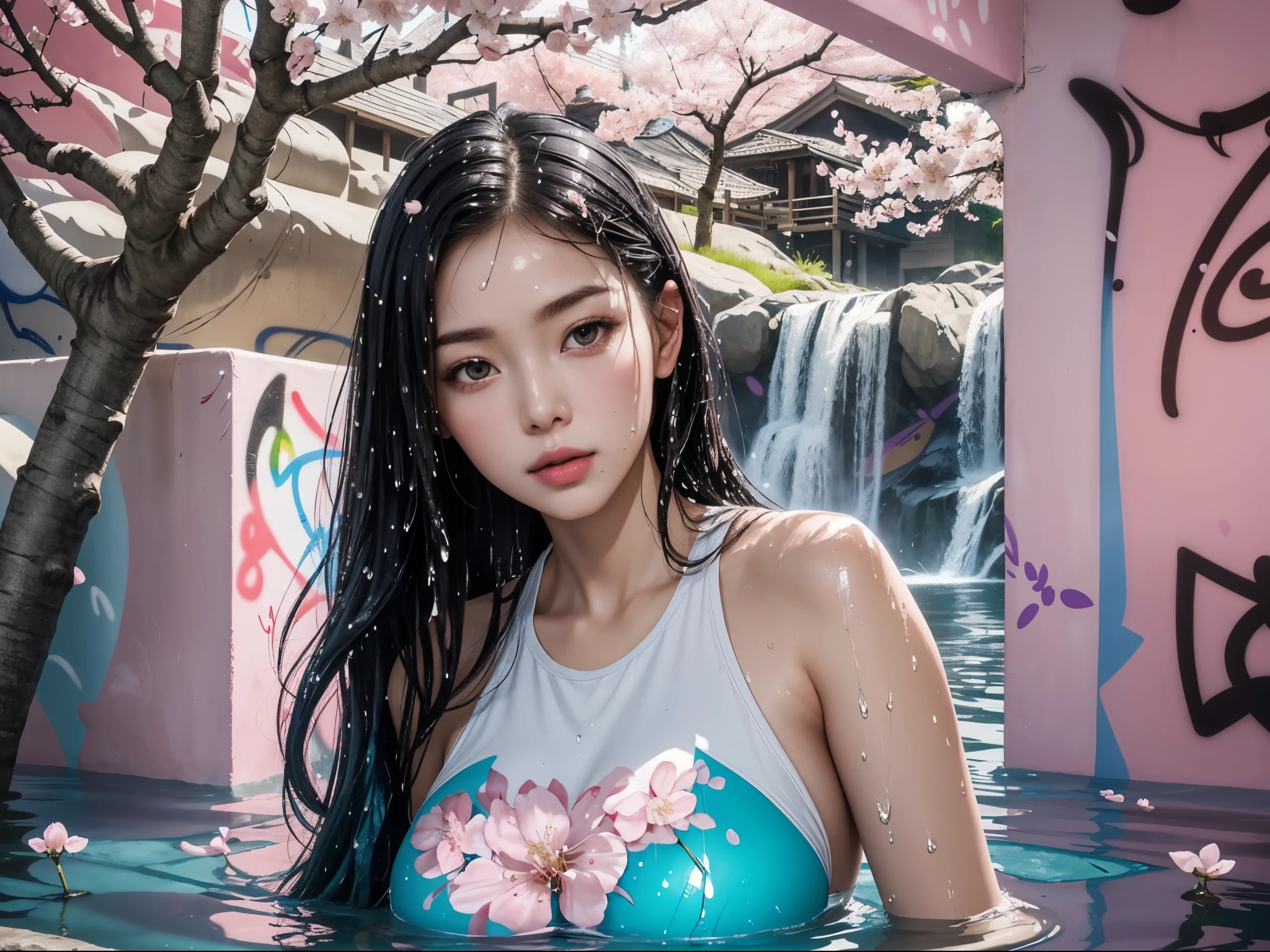 1girl, medium wide shot, (full body:0.8), (detailed face), (looking at viewer:1.2), medium length hair, wet peach colored sportswear, mystical, supernatural, (cherry blossom tree on water:1.2), shimmering waterfalls, (graffiti walls:1.3), water reflection, magical atmosphere, enchanting luminescent glow, (best quality), masterpiece, vibrant and contrast color, (gigantic breast:1.2),