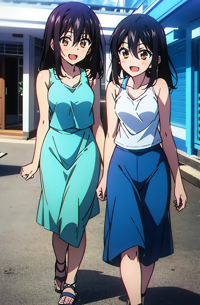 Himeragi Yukina, One Girl,Brown eyes, Black Hair, Hair between the eyes, Medium Hair, Medium chest,happy smile, smile, Open your mouth,White Hat,Blue Tank Top,Blue long skirt,Cute Sandals,whole bodyがイラストに入るように,Walking,Sunset,evening,The sun is setting,　　　　　　　　　　　　　　　　　　break looking at viewer, whole body, 　　　　　　　　　break outdoors,Coastal Road, 　　　　　　　　　　　break (masterpiece:1.2), Highest quality, High resolution, unity 8k wallpaper, (shape:0.8), (Beautiful and beautiful eyes:1.6), Highly detailed face, Perfect lighting, Extremely detailed CG, (Perfect hands, Perfect Anatomy),