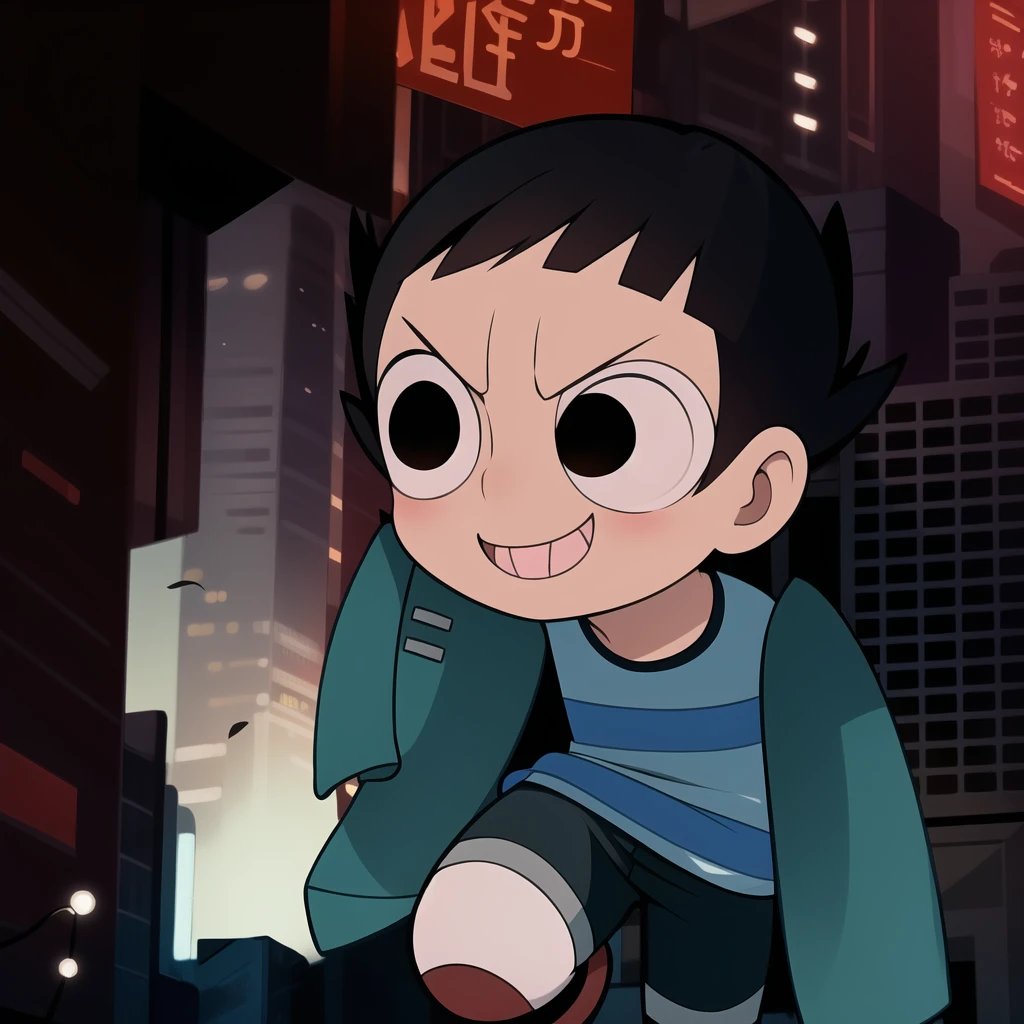 boy, shirt, short sleeves, pants, cute smile, full body, chibi, black hair, city background, (((Solo)))