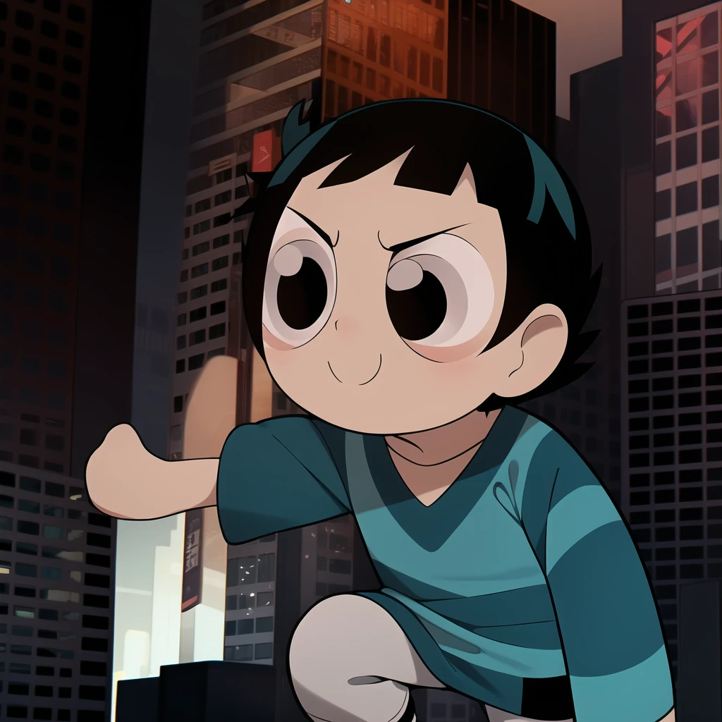 boy, shirt, short sleeves, pants, cute smile, full body, chibi, black hair, city background, (((Solo)))