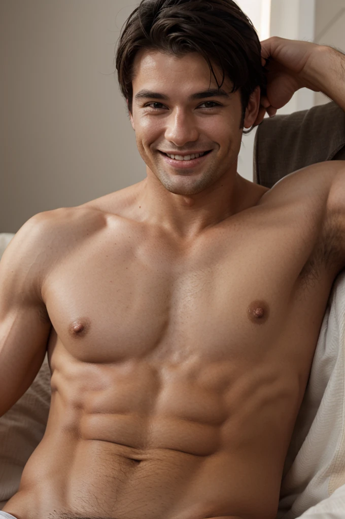 Cute dark-haired shirtless muscular man smiling