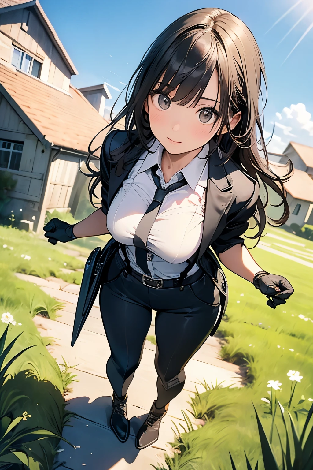 Highest quality, masterpiece, Ultra-high resolution, (realism: 1.4), Oil painting style, Cinema Lighting, An endless grassland dotted with a few houses, I stood on the empty asphalt road and looked at it., Fairy Mountain々was shrouded in mist, And the suspenders with the cranes flying　　　Moderate breasts　 　 　　　　Small face　 　　　holster　　　Beautiful woman　　　　 Lying in bed　Looking up　　　　Sweat 　　　belt　summer　脇Sweat 　Black Hole Gloves　suit　shirt　　Black jacket　 Black trousers　Leg Links　ズボンにbelt　　holster　Nipples show through the top of clothes