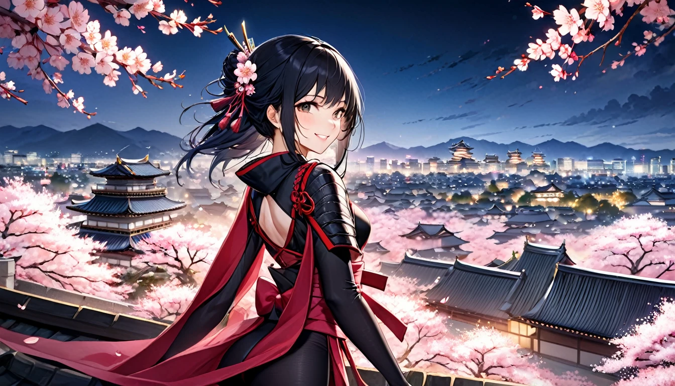 (Highest quality, 8K, 32k, masterpiece, Ultra-high resolution),Movie Stills Photogenic ,Adult female, beautiful,petal, Only 1 person,Female ninja with shoulder blades, Asian, Long black hair, tights, Ninja costume, Cherry blossom background, Japan,On the roof of Nagoya Castle,Cherry Blossoms at Night,Fearless Smile