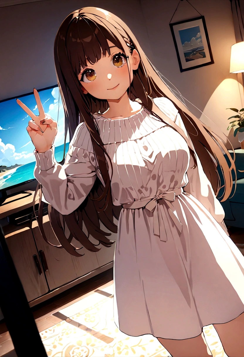 ((1girl)), super fine illustration, vibrant colors, absurdres extremely detailed CG, 8k wallpaper, (masterpiece:1.3), dynamic angle, dynamic pose,
best quality, depth of field, cinematic lighting, ultra detailed, brown long hair, very straight hair, large breast, white knit dress , 20yo, cute, very baby face, brown eyes, kawaii, smile, droopy eyes, arms at sides, smartphone, modern living room, peace fingers, The screen of the smartphone in his hand is facing towards me
