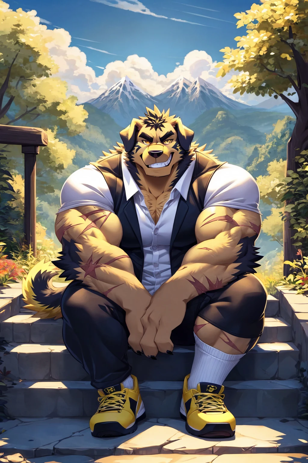 (sfw:1.5), male focus, Handsome 1boy, solitary,protrait photo, (White thick eyebrows:1.3), single, (Black nails, Black claws:1.4), yellow skin, Black hair, (black and yellow tail:1.4), (perfect golden eyes:1.4), (black and yellow body:1.3), (yellow chest:1.1), (black and yellow ears:1.4),
Tibetan Mastiff, feet, black Tibetan mastiff, dog, Tibetan mastiff boy, Tibetan mastiff body, (evil eyes, big eyes, large eyes:1.4), (Chubby, The body is huge, Larger face:1.3),
(White short-sleeved shirt, Black vest:1.4) , (Black trousers:1.4),(yellow short shoes:1.4), (White socks:1.2), (blue whistle:1.3), (Lots of scars, lots of scars, Lots of scars:1.3),
(full body:1.3), (Mature men:1.4), (Strong body, muscle,Strong male, muscle男:1.3), (Sitting, Sitting on the steps:1.4), (Looking at the audience, Focus, Eyes gaze:1.2), (evil smile, evil grin, Smirk:1.4),
full background, Faculty, roadside, Stone steps, Mountain, Blue sky, White Cloud, Trees, Sunlight, daytime,
Mysterious and romantic atmosphere, Caustic lines(refraction, polarization)Perfect anatomical structure, absurd, Detailed background, (Delicate eyes:1.3),Printing style。((artist:Takemoto Arashi))