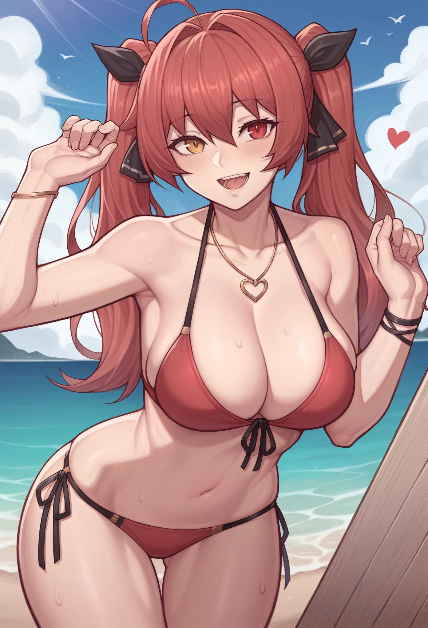 _asura style, 1girl, breasts, swimsuit, solo, houshou_marine, bikini, virtual_youtuber, red_hair, twintails, red_eyes, red_bikini, large_breasts, jewelry, necklace, long_hair, looking_at_viewer, cleavage, open_mouth, navel, blush, side-tie_bikini_bottom, sky, heart_necklace, leaning_forward, smile, blue_sky, bracelet, halterneck, hair_ribbon, outdoors, ribbon, cloud, bangs, collarbone, day, string_bikini, front-tie_top, black_ribbon, heart, :d, hand_up, cowboy_shot, heterochromia