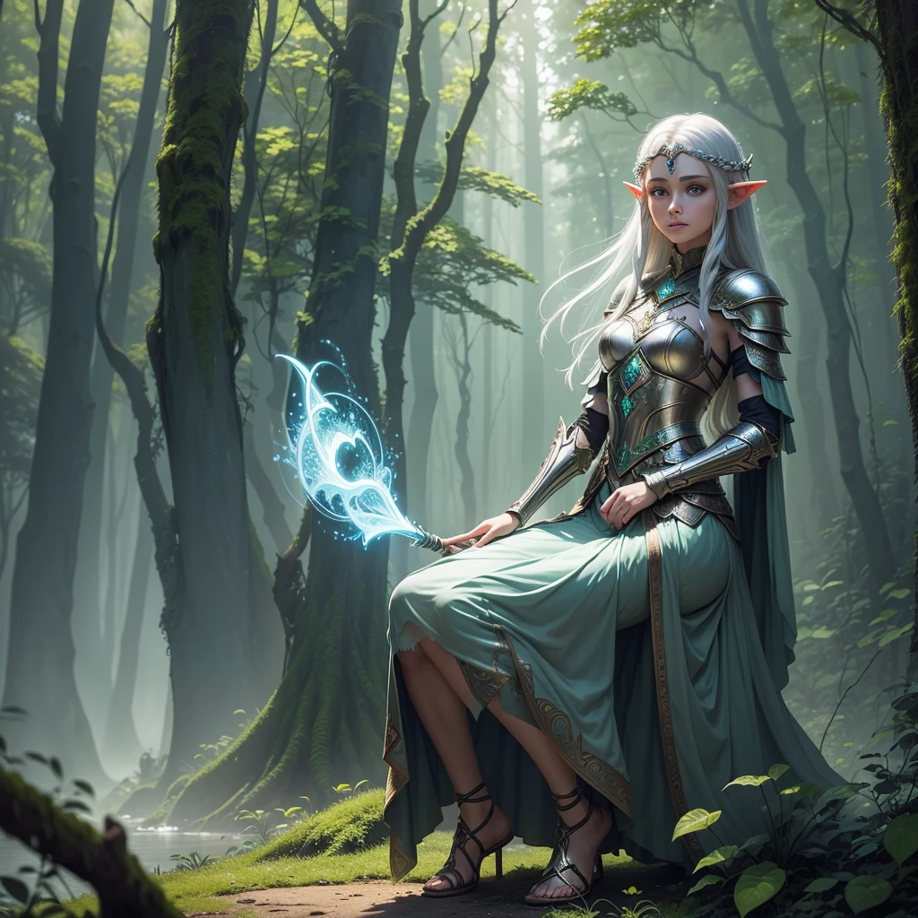 A young, adventurous female elf warrior standing in a mystical forest. She has long, flowing silver hair and piercing green eyes. Her armor is made of intricately designed silver and green metals, adorned with emeralds. She holds a glowing, ancient staff in her right hand and a small, enchanted shield in her left. The forest is dense with ancient trees, bioluminescent plants, and soft mist swirling around her feet. The mood is magical and mysterious, realistic, 4k, beautiful big eyes