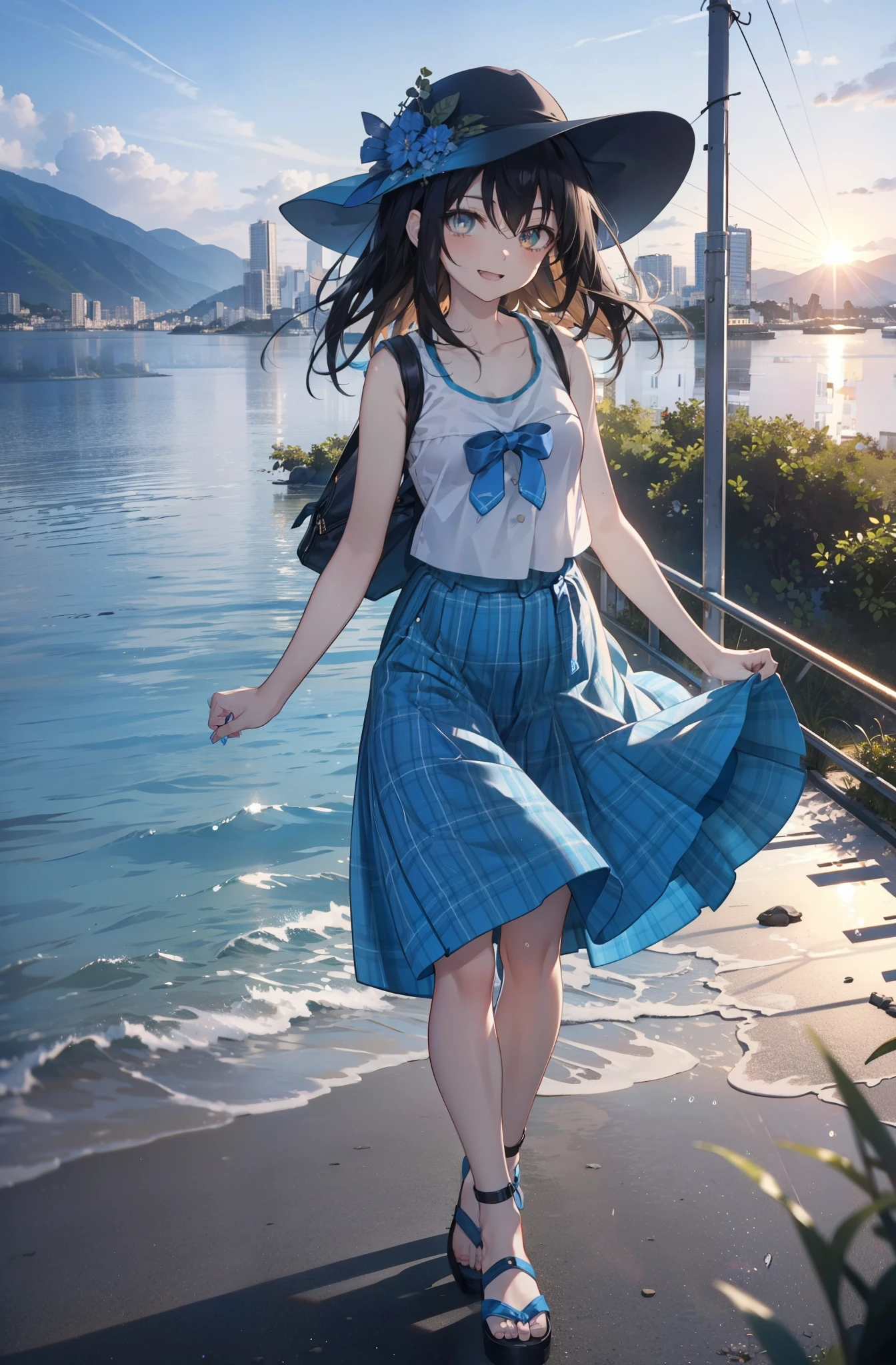 Himeragi Yukina, Brown eyes, Black Hair, Hair between the eyes, Medium Hair, Medium chest,happy smile, smile, Open your mouth,White Hat,Blue Tank Top,Blue long skirt,Cute Sandals,whole bodyがイラストに入るように,Walking,Sunset,evening,The sun is setting,　　　　　　　　　　　　　　　　　　break looking at viewer, whole body, 　　　　　　　　　break outdoors,Coastal Road, 　　　　　　　　　　　break (masterpiece:1.2), Highest quality, High resolution, unity 8k wallpaper, (shape:0.8), (Beautiful and beautiful eyes:1.6), Highly detailed face, Perfect lighting, Extremely detailed CG, (Perfect hands, Perfect Anatomy),
