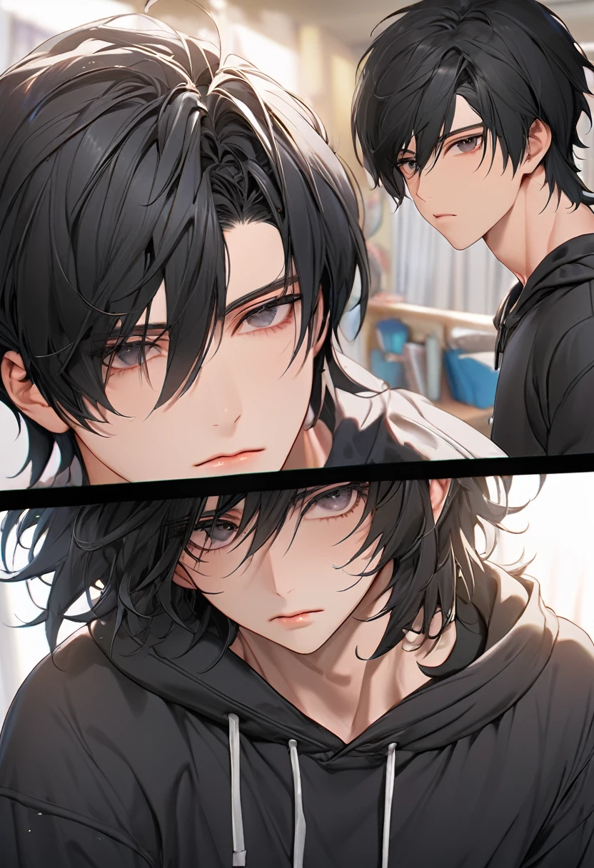 A highschool boy, handsome, perfect body, black hair, short hair, mullet, black eyes, upturned eyes, expressionless, black hoodie, anime, first-person view, masterpiece, anatomically correct, high details, highres, best quality, super detail, 1080P