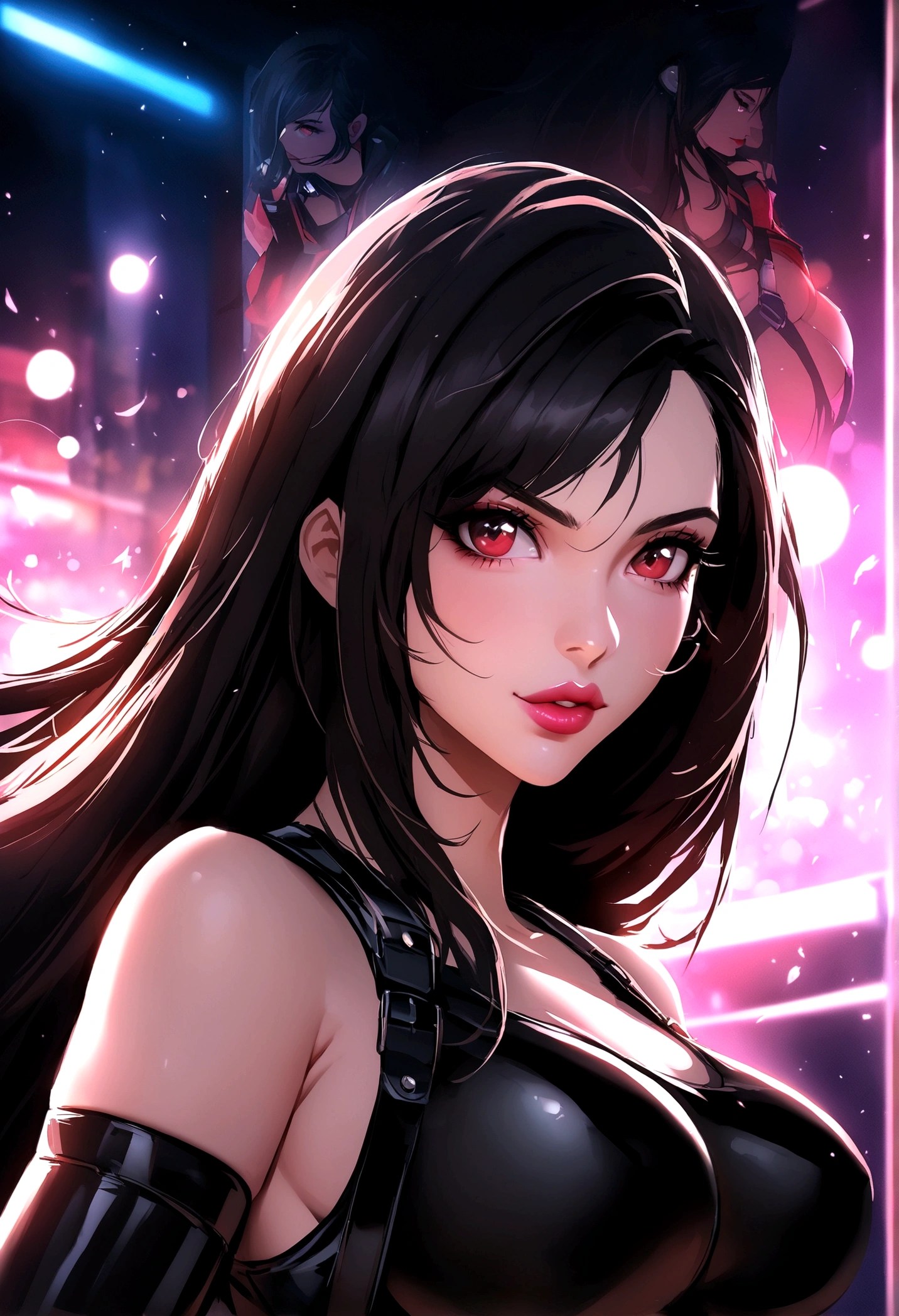 1 woman of 30 years old, {{{very long messy black hair}}}, {{{green eyes}}}, lace lingerie with a red leather jacket, cleavage, small smile, red lipstick, inside a nightclub with rainbow neon lights, {best quality.}, {highreaasterpiece.}, {{{medium close up.}}}, {facing viewer}