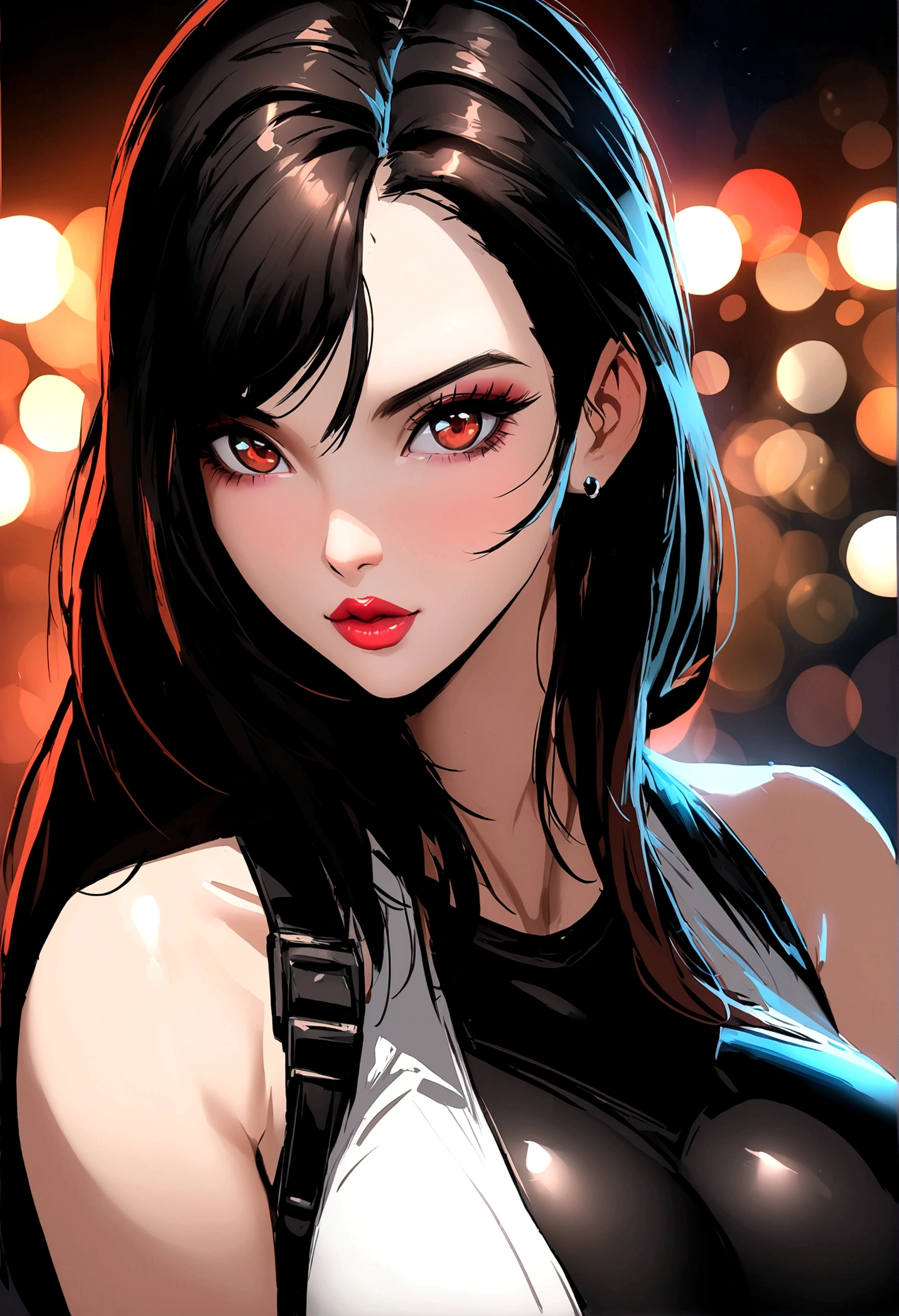 <lora:tifa-10:0.8>, tifa ff7, eyes, eyeshadow, pupils, eyebrows, nose, lips, teeth, face, hair, long hair, 1girl, solo