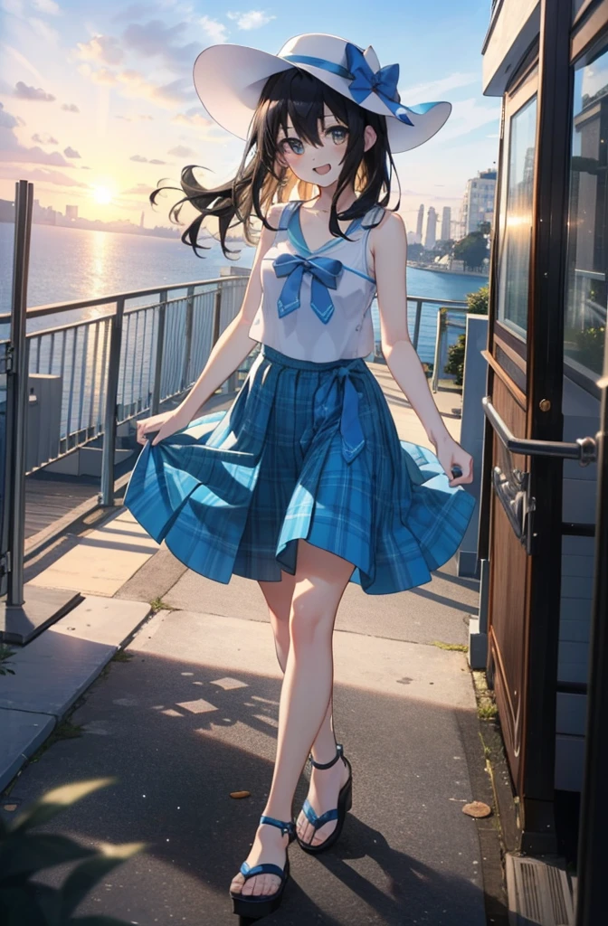 Himeragi Yukina, Brown eyes, Black Hair, Hair between the eyes, Medium Hair, Medium chest,happy smile, smile, Open your mouth,White Hat,Blue Tank Top,Blue long skirt,Cute Sandals,whole bodyがイラストに入るように,Walking,Sunset,evening,The sun is setting, break looking at viewer, whole body, break outdoors,Coastal Road, break (masterpiece:1.2), Highest quality, High resolution, unity 8k wallpaper, (shape:0.8), (Beautiful and beautiful eyes:1.6), Highly detailed face, Perfect lighting, Extremely detailed CG, (Perfect hands, Perfect Anatomy),