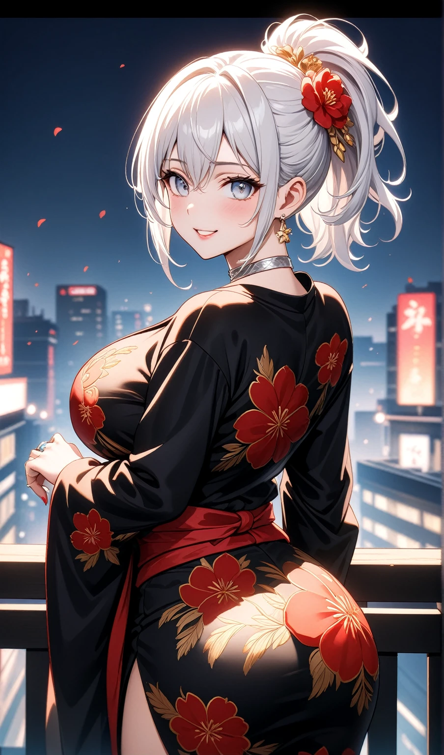 ((One personの女性)), Beautiful Face, (Laughing embarrassedly), (seductive smile:1.4), ((Wink:1.9)), (head tilt:1.3), Laugh with your mouth wide open, upper teeth, looking at viewer, ((Bright red cheeks:1.4)),Glossy Red Lips,Night view, High terrace, firework, Glossy red lips, Shining Face, ((Anime style background)),masterpiece, Highest quality, so beautiful,up to date, Complex details, (Pink long nails),(ring),(bracelet),(Floral choker),AI-generated, Complex,High resolution, Highest quality, super high quality,3D Images、3D Images,One person,Long white hair,High Ponytail, Anime woman posing for a photo,(blue eyes), ((Fine grain、Silvery white, lightly pigmented eyes、Shining Eyes:1.3)), (Squint your eyes:1.1),a hyperRealistic , hyperRealistic , Realistic,Anime woman with long white hair, Smooth anime CG art, A woman in a colorful kimono with gold embroidery, ((Black long sleeve kimono)),Red floral pattern,Long flower hair ornament,Earrings,Mature Body,(Big Breasts:1.1),Tall,Abdominal muscles,Tight waist,Leaning forward, (hip focus:1.1),  ((looking back)), 