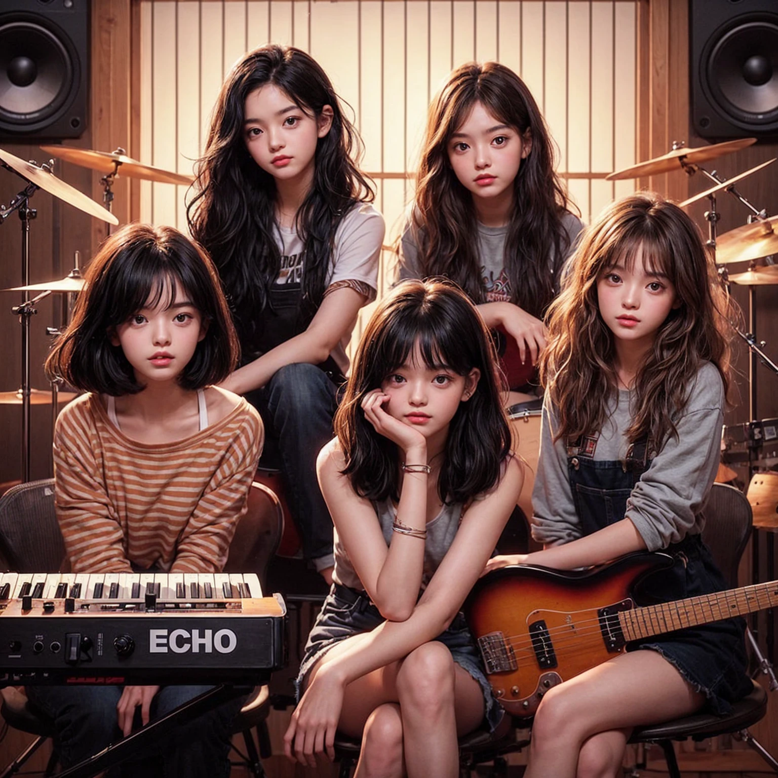 **Photo of 5 beautiful girls, aged 18 to 20, sitting:**

- **3 girls with messy black hair**
- **1 girl with wavy bob black hair**
- **1 girl with a black ponytail**

One girl is playing the drums, one girl is playing the piano, one girl is playing the bass guitar, one girl is playing the guitar, and one girl is singing. They are sitting behind a board with the word "ECHO" written on it. The background is a music studio, complete with drums, guitars, bass guitar, and piano. The image is ultra HD, 4k, photorealistic, raw, and a masterpiece.