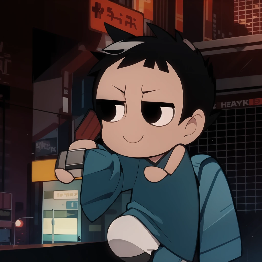 boy, shirt, short sleeves, pants, cute smile, full body, chibi, black hair, city background, (((Solo)))