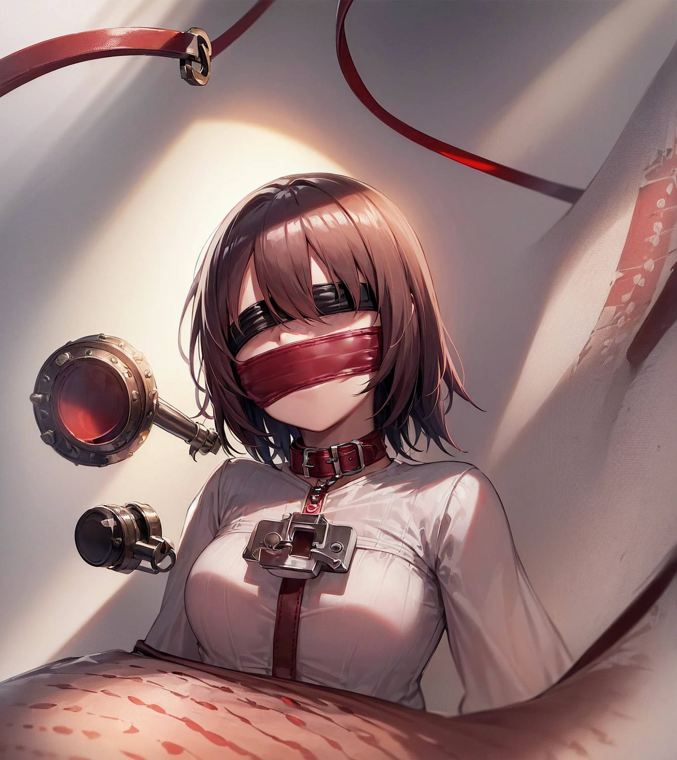 ((Slave Collar)),((Lock)),(((gag))),((((red Leather blindfold)))),Luxurious,((Very short hair)),Are sleeping,Cute little ,Tiny ,Small girl,,Childish face, Very fine clean face,Top quality, Subtle light, Soft lighting,Light from directly behind, With bust up,Front view,prison