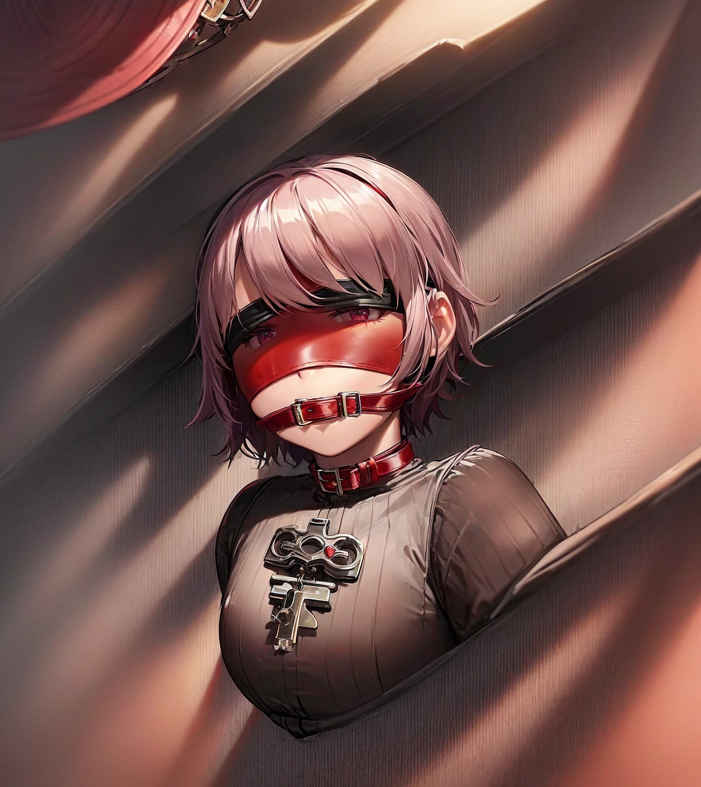 ((Slave Collar)),((Chain)),(((gag))),((((red Leather blindfold)))),Luxurious,((Very short hair)),Are sleeping,Cute little ,Tiny ,Small girl,,Childish face, Very fine clean face,Top quality, Subtle light, Soft lighting,Light from directly behind, With bust up,Front view,prison