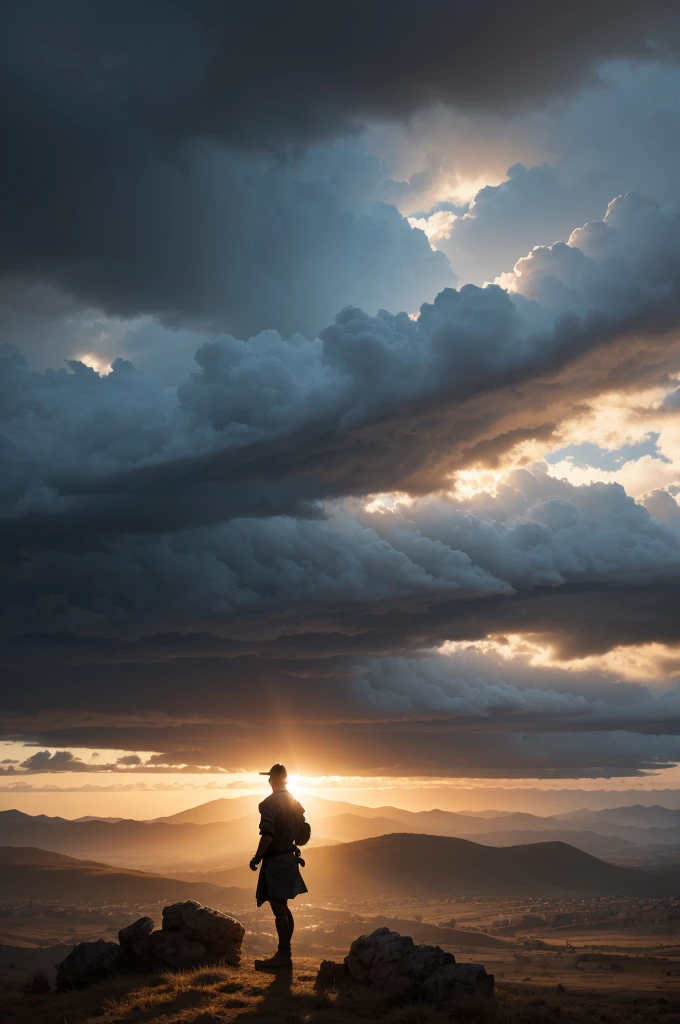 Biblical era landscape, silhouette of man on hill, dramatic stormy sky, photorealistic.style Ultrarealistic 8k Ultramega 4k