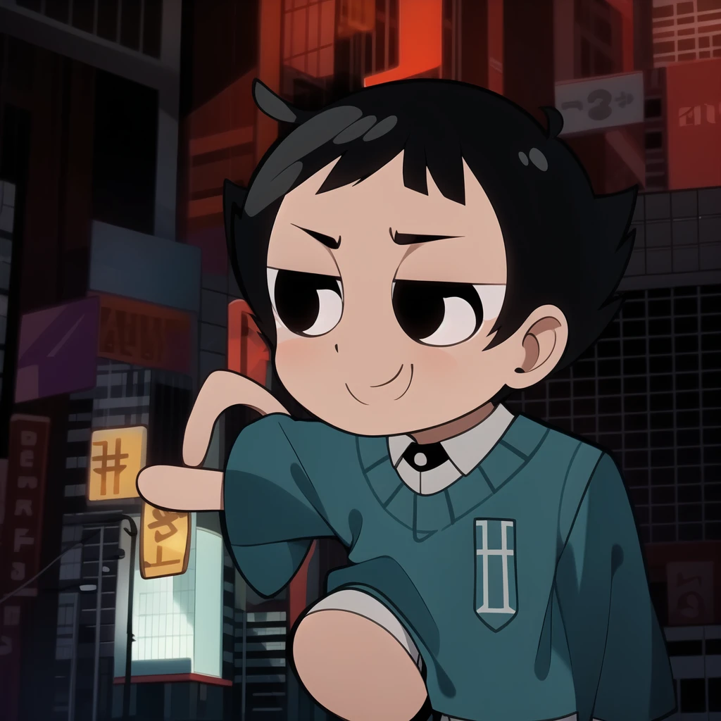 boy, shirt, short sleeves, pants, cute smile, full body, chibi, black hair, city background, (((Solo)))