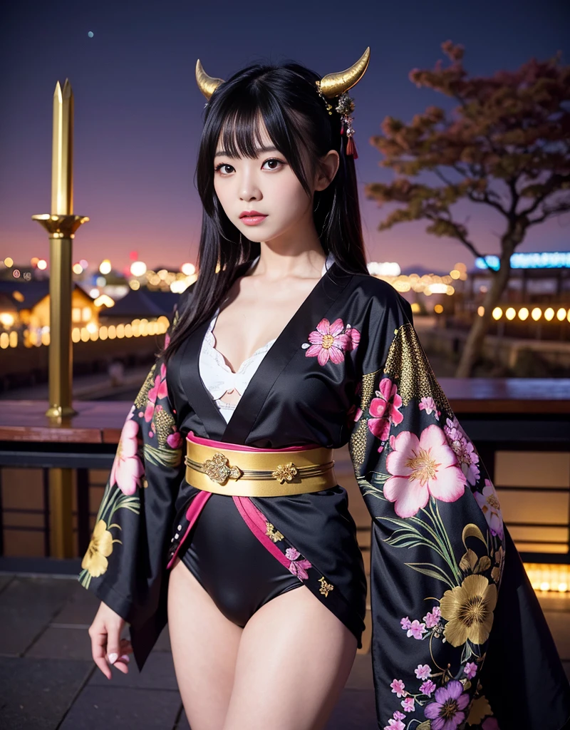 ((Dark world)),Professional , masterpiece、Highest quality、Realistic photo , Depth of written boundary 、(Sexy pose)、(Background of cherry blossoms in full bloom),(Ultimate beauty)、Black-haired、(white bikini armor)、(Beautiful patterned kimono)、(Night Background)、((Dark Night)),(Wear a beautiful kimono),(Wear a beautiful kimono with colorful floral patterns)、Jewel Gold Weapon、Particles of light),(Has a devil mask)、Gorgeous golden weapon ,(( Magnificent Dragon Sword)) , (Dark Night),,(maikurobiki) 、((Black-haired美少女))、(Castle Background)、(Devil's Wings)、((Gangl Forest Background))、美しい白peopleの美しさ、1people、Dynamic Angle,(((Two devil horns on his head)))、Small head、Idol Smile、Convenient facial expression of a slender and beautiful woman、Light effects、Intense Combat、Wind effectagic circle、With the legendary magic wand、Dragon's Tail、