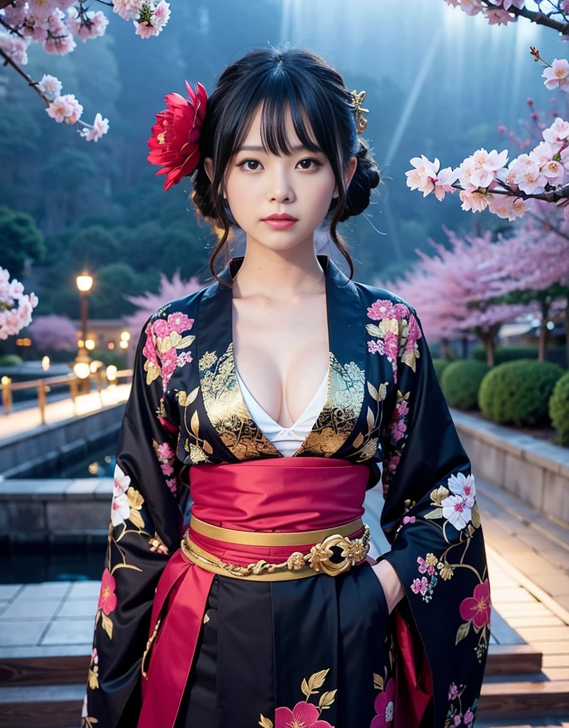 ((Dark world)),Professional , masterpiece、Highest quality、Realistic photo , Depth of written boundary 、(Sexy pose)、(Background of cherry blossoms in full bloom),(Ultimate beauty)、Black-haired、(white bikini armor)、(Beautiful patterned kimono)、(Night Background)、((Dark Night)),(Wear a beautiful kimono),(Wear a beautiful kimono with colorful floral patterns)、Jewel Gold Weapon、Particles of light),(Has a devil mask)、Gorgeous golden weapon ,(( Magnificent Dragon Sword)) , (Dark Night),,(maikurobiki) 、((Black-haired美少女))、(Castle Background)、(Devil's Wings)、((Gangl Forest Background))、美しい白peopleの美しさ、1people、Dynamic Angle,(((Two devil horns on his head)))、Small head、Idol Smile、Convenient facial expression of a slender and beautiful woman、Light effects、Intense Combat、Wind effectagic circle、With the legendary magic wand、Dragon's Tail、