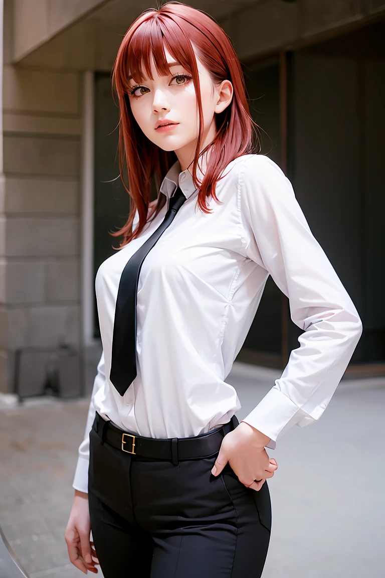 Red hair　Condescending gaze　Black tie　Mature look　Cold eyes　white  shirt