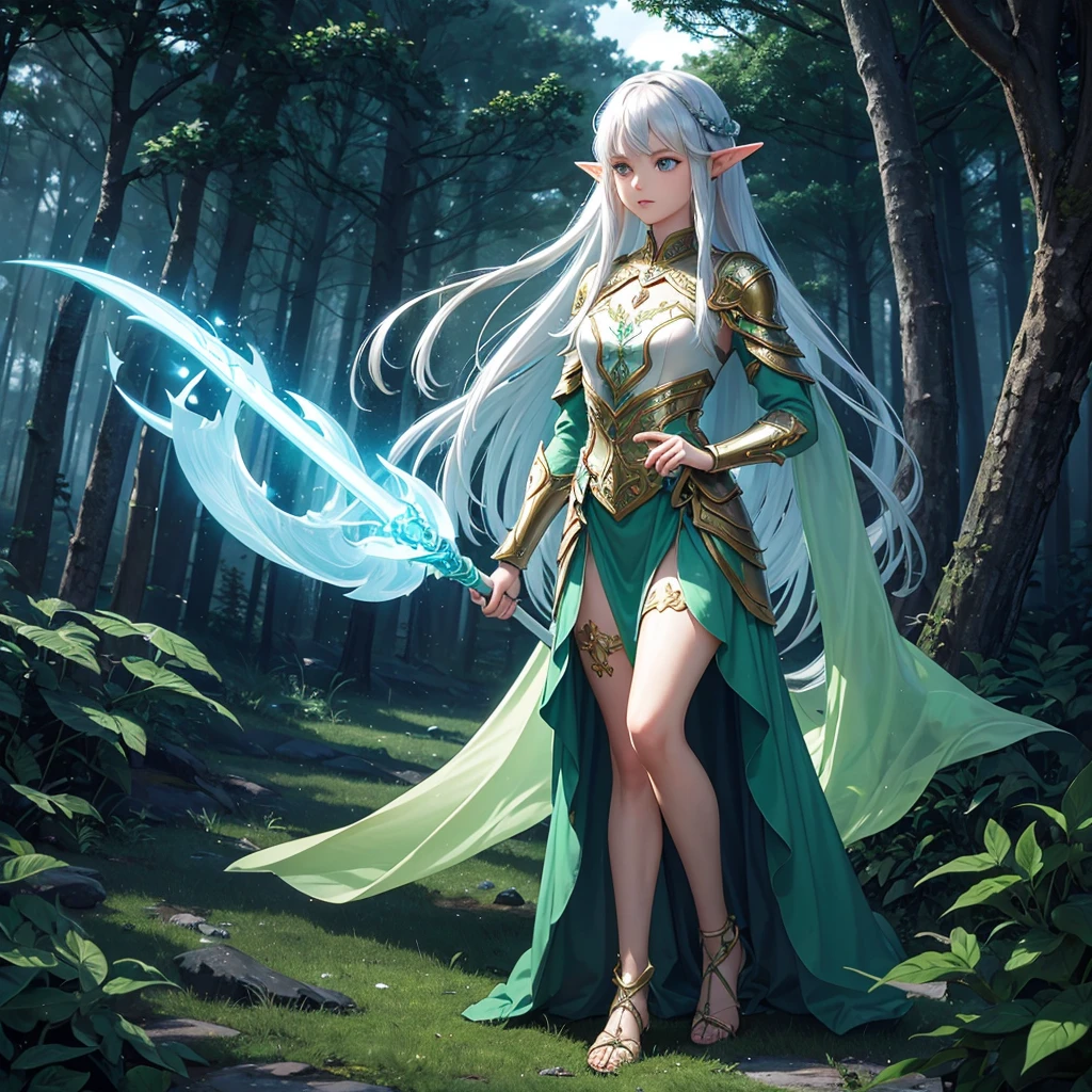 A young, adventurous female elf warrior standing in a mystical forest. She has long, flowing silver hair and piercing green eyes. Her armor is made of intricately designed silver and green metals, adorned with emeralds. She holds a glowing, ancient staff in her right hand and a small, enchanted shield in her left. The forest is dense with ancient trees, bioluminescent plants, and soft mist swirling around her feet. The mood is magical and mysterious, realistic, 4k, beautiful big eyes