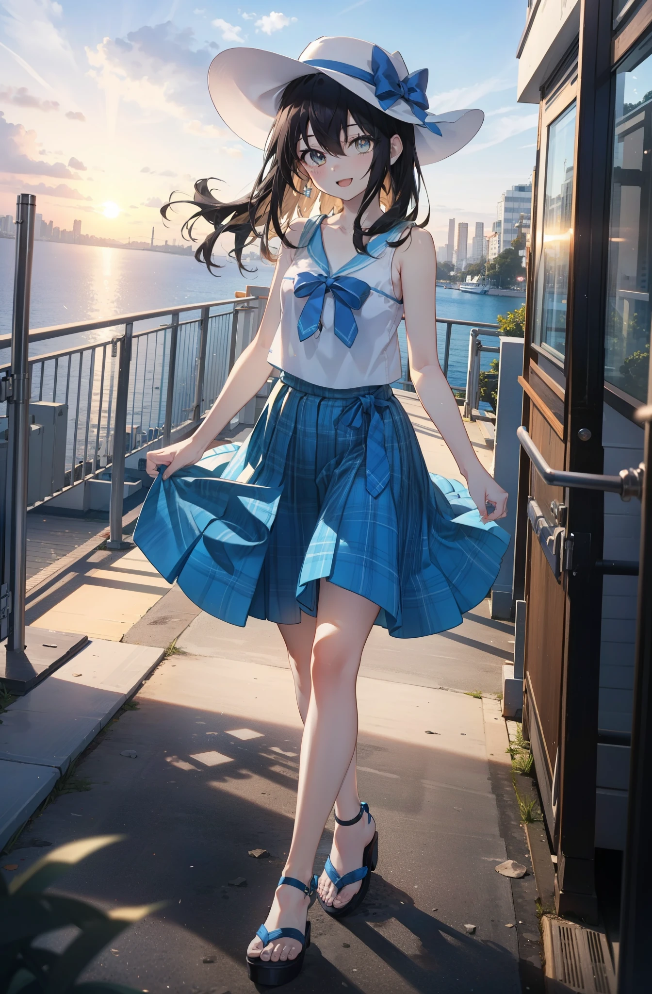 Himeragi Yukina, Brown eyes, Black Hair, Hair between the eyes, Medium Hair, Medium chest,happy smile, smile, Open your mouth,White Hat,Blue Tank Top,Blue long skirt,Cute Sandals,whole bodyがイラストに入るように,Walking,Sunset,evening,The sun is setting,　　　　　　　　　　　　　　　　　　break looking at viewer, whole body, 　　　　　　　　　break outdoors,Coastal Road, 　　　　　　　　　　　break (masterpiece:1.2), Highest quality, High resolution, unity 8k wallpaper, (shape:0.8), (Beautiful and beautiful eyes:1.6), Highly detailed face, Perfect lighting, Extremely detailed CG, (Perfect hands, Perfect Anatomy),