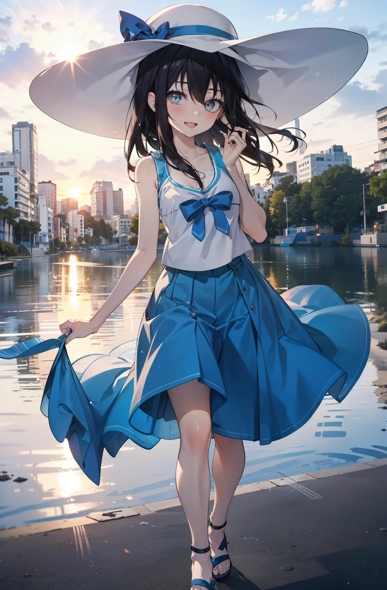 Himeragi Yukina, Brown eyes, Black Hair, Hair between the eyes, Medium Hair, Medium chest,happy smile, smile, Open your mouth,White Hat,Blue Tank Top,Blue long skirt,Cute Sandals,whole bodyがイラストに入るように,Walking,Sunset,evening,The sun is setting,　　　　　　　　　　　　　　　　　　break looking at viewer, whole body, 　　　　　　　　　break outdoors,Coastal Road, 　　　　　　　　　　　break (masterpiece:1.2), Highest quality, High resolution, unity 8k wallpaper, (shape:0.8), (Beautiful and beautiful eyes:1.6), Highly detailed face, Perfect lighting, Extremely detailed CG, (Perfect hands, Perfect Anatomy),