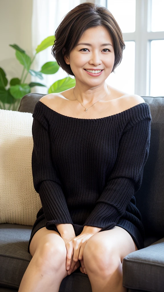 最high quality, 8K, Vibrant, Sharp focus, high quality, High resolution, Middle-aged women, Mature Woman, 55 years old, (Whole Body Ezbian), (High heels face detail, Highly detailed eyes, Plump figure、Plump face
"prompt": "A woman with short black hair is sitting on a sofa, wearing a colorful off-shoulder knit that reaches her knees. She is radiating the best smile, exuding warmth and happiness. The scene is set in a cozy living room with soft lighting, highlighting her joyful expression. The knit is vibrant and detailed, adding a pop of color to the setting. The overall atmosphere is cheerful and inviting, capturing a moment of pure joy and comfort.",


