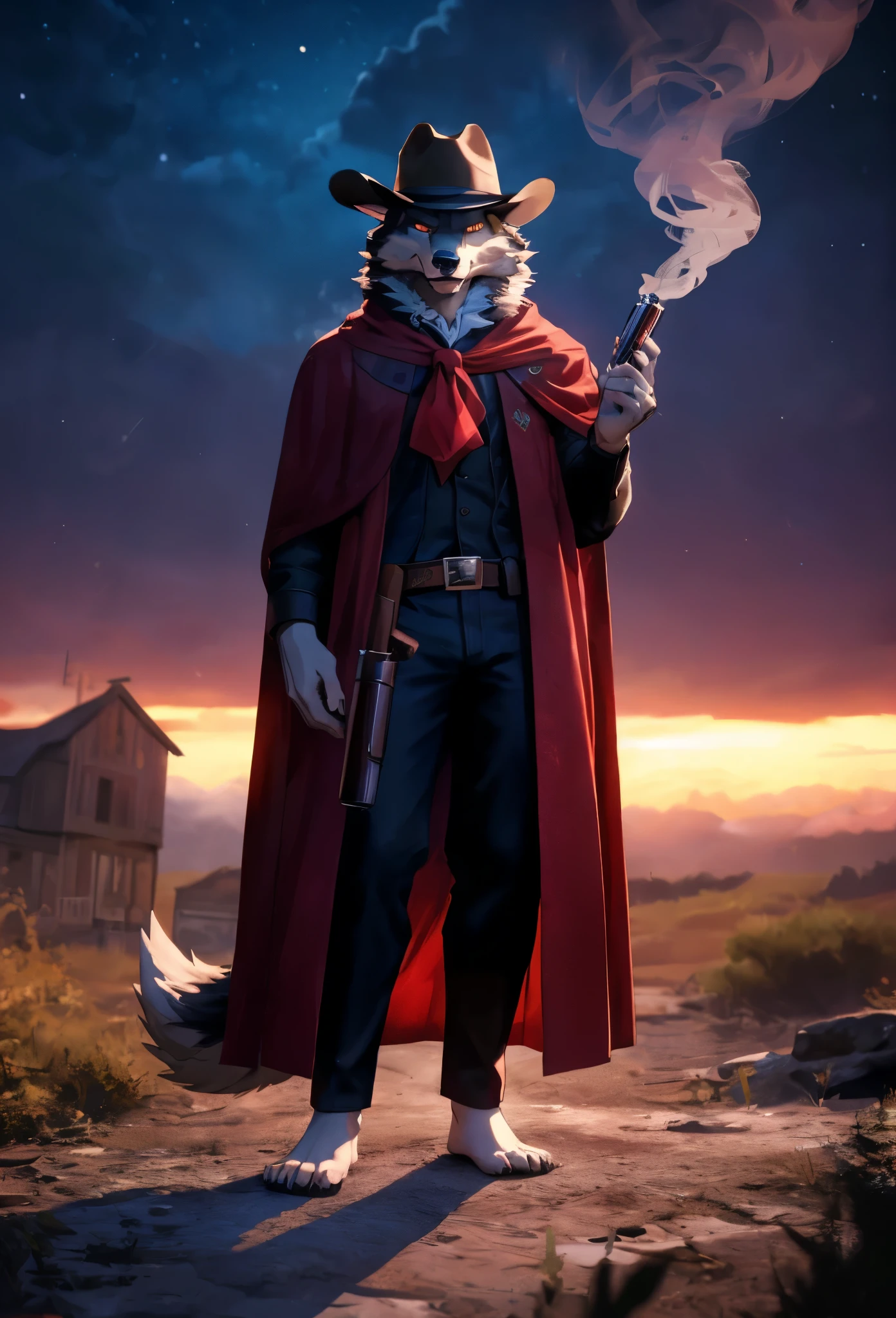 (((Barefoot furry character, full body, cinematic setting, furry male, plantigrade))) 

portrait, ((mysterious stranger black long fur wolf gunslinger)), ((holding smoking gun)), ((holding revolver)), abandoned town, alone ,strange, surreal, desolate, ghostly, eerie, lonely, solitude, short red cloak,red glowing eyes, fantastical, dangerous,night sky,red sky,  cinematic lighting, volumetric lighting, Film grain, cinematic film still, shallow depth of field, highly detailed, (western atmosphere), black cowboy hat

BREAK, intricate details, highly detailed, extreme detail, octane render, fine art, best quality, highres, (detailed face:1.5), ((full_body)), UHD, (((perfect hands))), low light