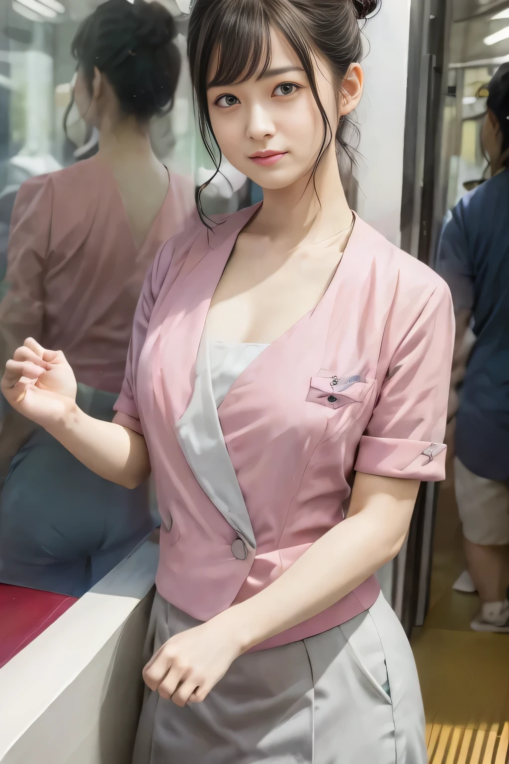 (masterpiece:1.2, Highest quality:1.2), 32k HDR, High resolution, (alone、1 girl)、(On the rooftop of a building in the daytime、Professional Lighting)、Building rooftop background、(Nankai train crew uniform pinkを着たリアルスタイル)、(Nankai train crew uniform pink short sleeve collarless pink jacket、Nankai Train Crew Uniform Pink Collarless Short Sleeve Blouse、Nankai Train Crew Uniform Pink Grey Knee-length Culottes)、((The bottom of the pink short-sleeved jacket cannot be tucked into the clay-colored culottes.))、Dark brown hair、(Hair tied up、Hair Bun、Hair Bun)、Dark brown hair、Long Shot、Big Breasts、Thin legs、((Great hands:2.0)),((Harmonious body proportions:1.5)),((Normal limbs:2.0)),((Normal finger:2.0)),((Delicate eyes:2.0)),((Normal eyes:2.0)))、(Nankai Train Crew Uniform Pink Grey Knee-length Culottesを見せた美しい立ち姿)、smile