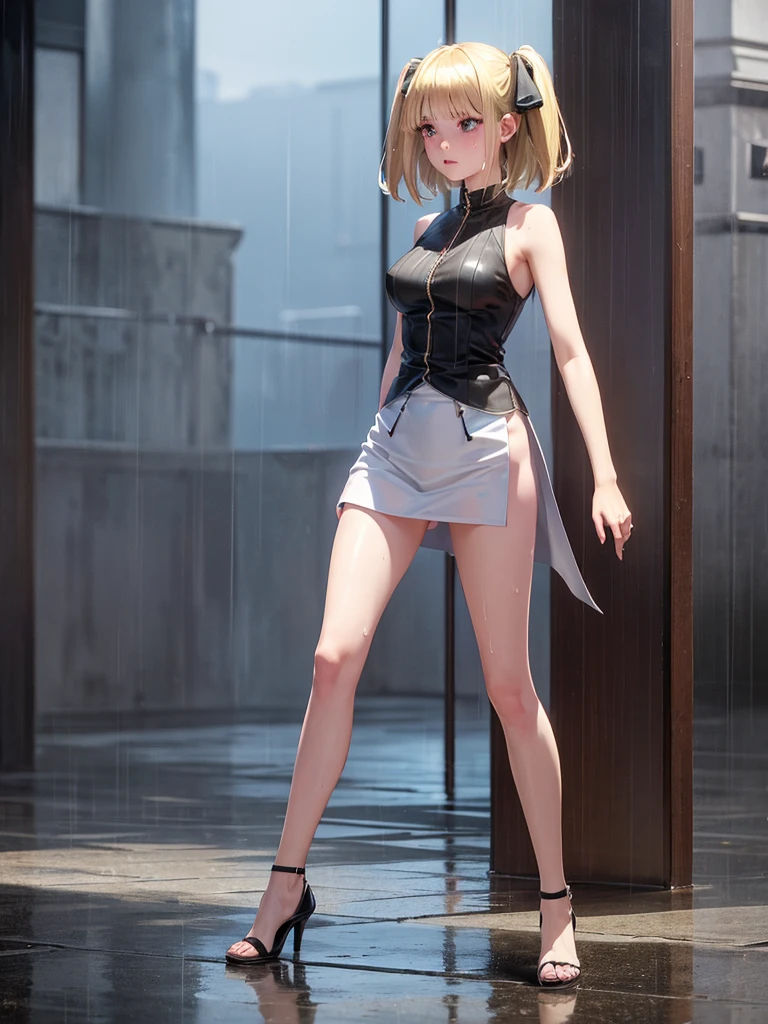 1 girl in, toppless,In front of a heavy door,short white hair, better shadows, Better light, Improved facial detail, Red Eyes, barechested,Fantastical,Dancing naked, Leather boots.active movement
