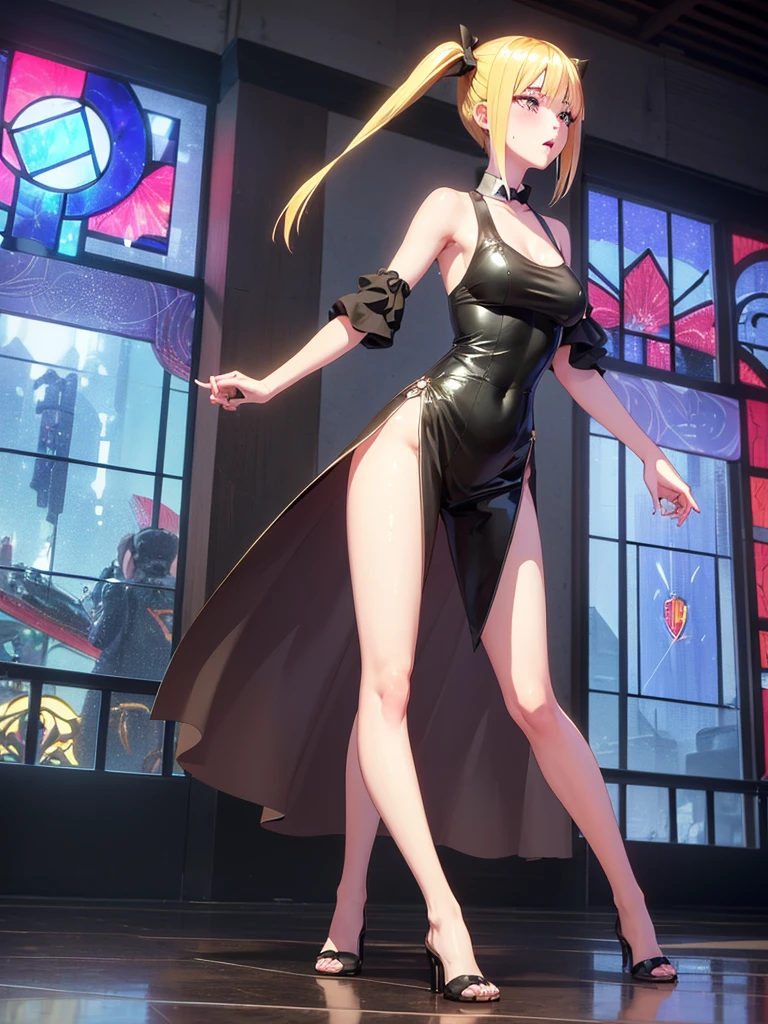 High quality realistic Anime style, high definition high quality realistic, shaded, Ray tracing, 8k, uhd, masterpiece, beautiful young girl,, small body, battle dress, white short hair, yellow eyes glowing, magical light from the eyes, battle dress with metal details , tight and short dress, garter belt with a knife, cold and emotionless expression, palace, fancy staircase behind, magical lights, the center figure with an magical aura