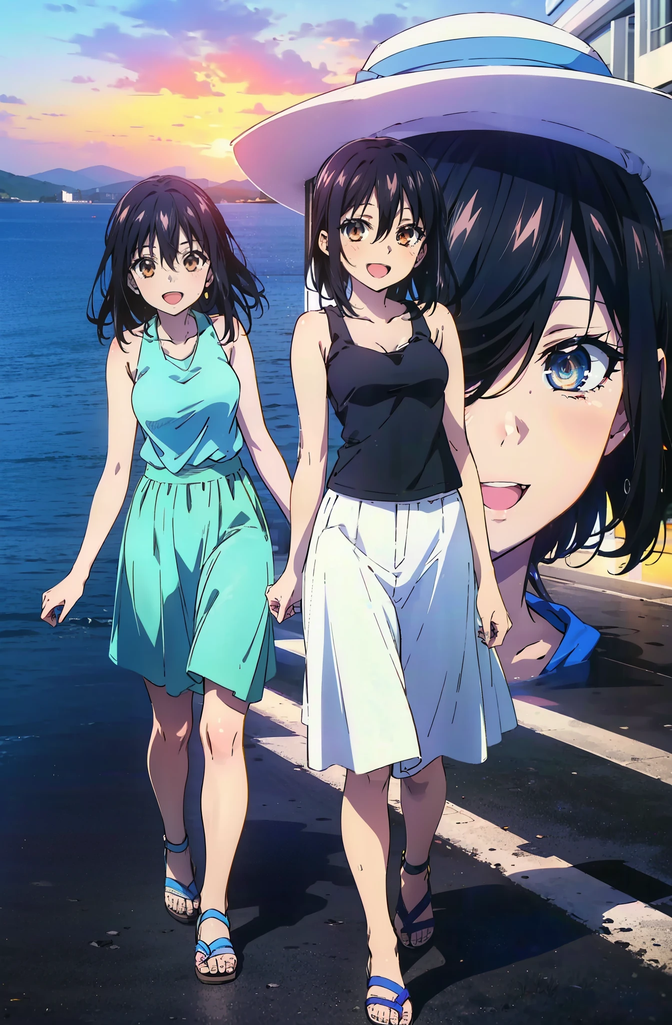 Himeragi Yukina, One Girl,Brown eyes, Black Hair, Hair between the eyes, Medium Hair, Medium chest,happy smile, smile, Open your mouth,White Hat,Blue Tank Top,Blue long skirt,Cute Sandals,whole bodyがイラストに入るように,Walking,Sunset,evening,The sun is setting, break looking at viewer, whole body, break outdoors,Coastal Road, break (masterpiece:1.2), Highest quality, High resolution, unity 8k wallpaper, (shape:0.8), (Beautiful and beautiful eyes:1.6), Highly detailed face, Perfect lighting, Extremely detailed CG, (Perfect hands, Perfect Anatomy),