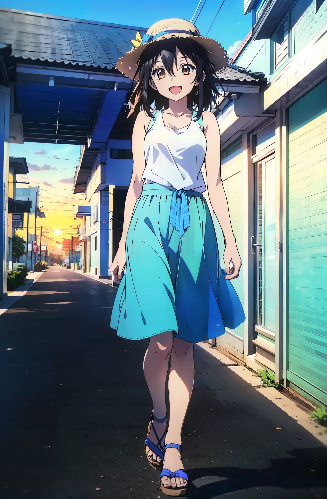Himeragi Yukina, One Girl,Brown eyes, Black Hair, Hair between the eyes, Medium Hair, Medium chest,happy smile, smile, Open your mouth,White Hat,Blue Tank Top,Blue long skirt,Cute Sandals,whole bodyがイラストに入るように,Walking,Sunset,evening,The sun is setting, break looking at viewer, whole body, break outdoors,Coastal Road, break (masterpiece:1.2), Highest quality, High resolution, unity 8k wallpaper, (shape:0.8), (Beautiful and beautiful eyes:1.6), Highly detailed face, Perfect lighting, Extremely detailed CG, (Perfect hands, Perfect Anatomy),
