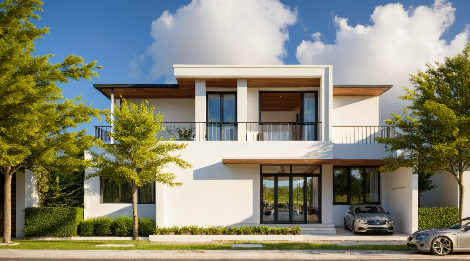 Masterpiece, high quality, best quality, authentic, super detail, outdoors, onestoreyvillaXL, aiaigroup, house style modern on the street ,stairs, white wall ,road,pavement, grass, trees, sky, cloud, (daylight:1.1),((pool front of villa))