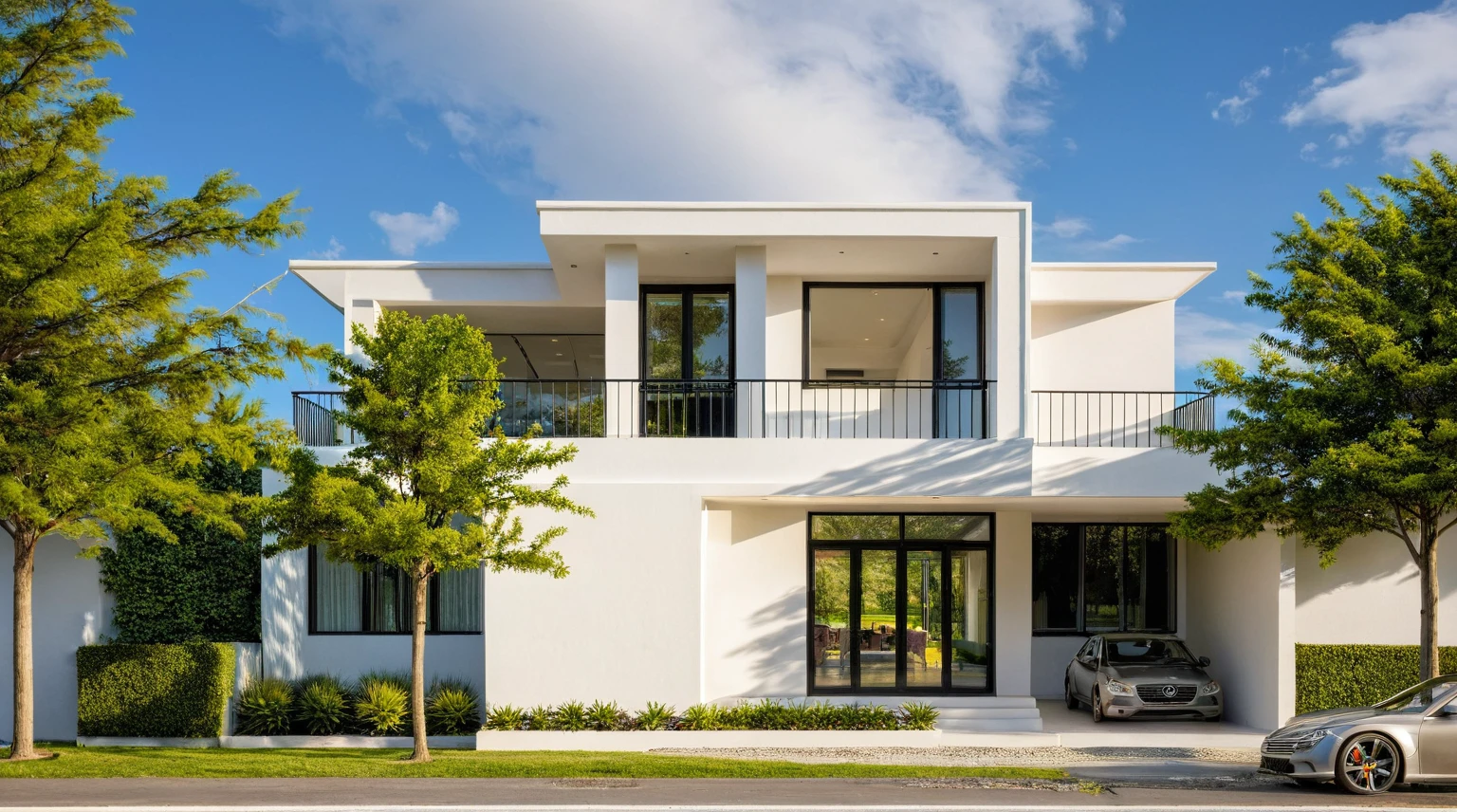 Masterpiece, high quality, best quality, authentic, super detail, outdoors, onestoreyvillaXL, aiaigroup, house style modern on the street ,stairs, white wall ,road,pavement, grass, trees, sky, cloud, (daylight:1.1),((pool front of villa))
